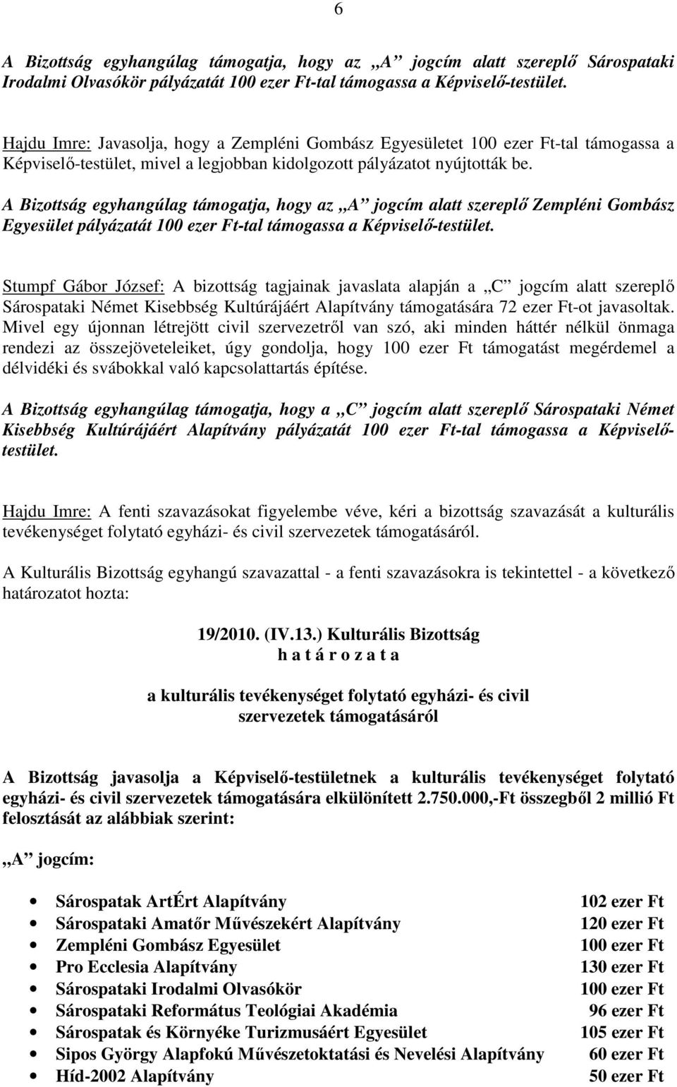 A Bizottság egyhangúlag támogatja, hogy az A jogcím alatt szereplı Zempléni Gombász Egyesület pályázatát 100 ezer Ft-tal támogassa a Képviselı-testület.