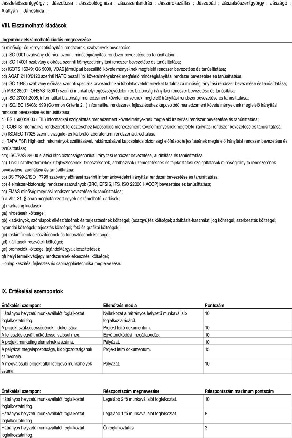 bevezetése és tanúsíttatása; cb) ISO 14001 szabvány előírása szerinti környezetirányítási rendszer bevezetése és tanúsíttatása; cc) ISOTS 16949; QS 9000, VDA6 járműipari beszállítói követelményeknek