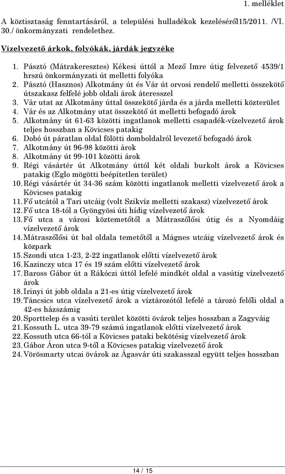 Pásztó (Hasznos) Alkotmány út és Vár út orvosi rendelő melletti összekötő útszakasz felfelé jobb oldali árok áteresszel 3. Vár utat az Alkotmány úttal összekötő járda és a járda melletti közterület 4.