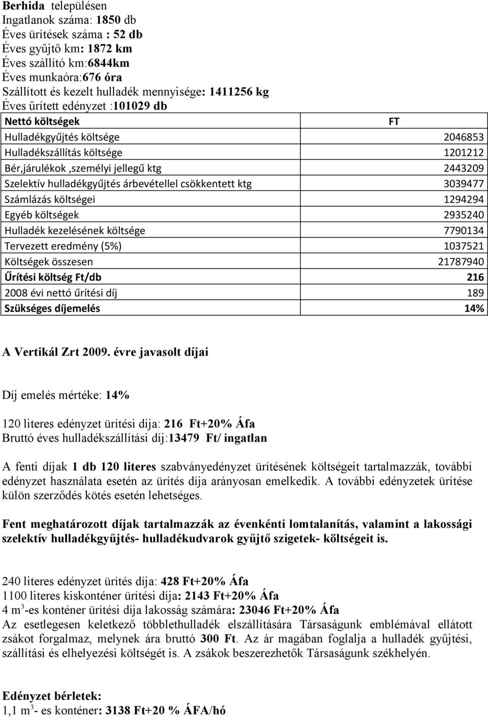 árbevétellel csökkentett ktg 3039477 Számlázás költségei 1294294 Egyéb költségek 2935240 Hulladék kezelésének költsége 7790134 Tervezett eredmény (5%) 1037521 Költségek összesen 21787940 Űrítési