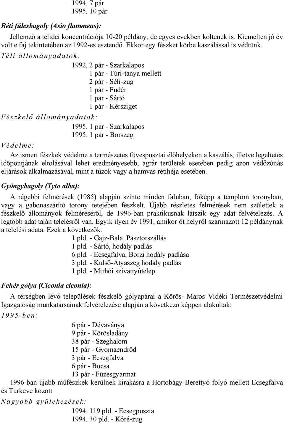 2 pár - Szarkalapos 1 pár - Túri-tanya mellett 2 pár - Séli-zug 1 pár - Fudér 1 pár - Sártó 1 pár - Kérsziget Fészkelő állományadatok: 1995. 1 pár - Szarkalapos 1995.