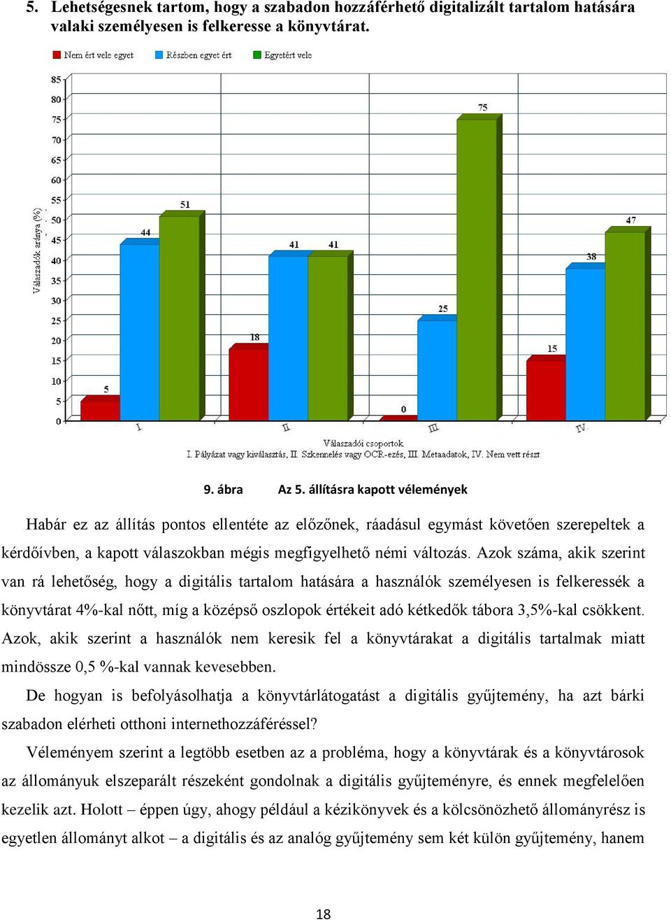 Azok száma, akik szerint van rá lehetőség, hogy a digitális tartalom hatására a használók személyesen is felkeressék a könyvtárat 4%-kal nőtt, míg a középső oszlopok értékeit adó kétkedők tábora