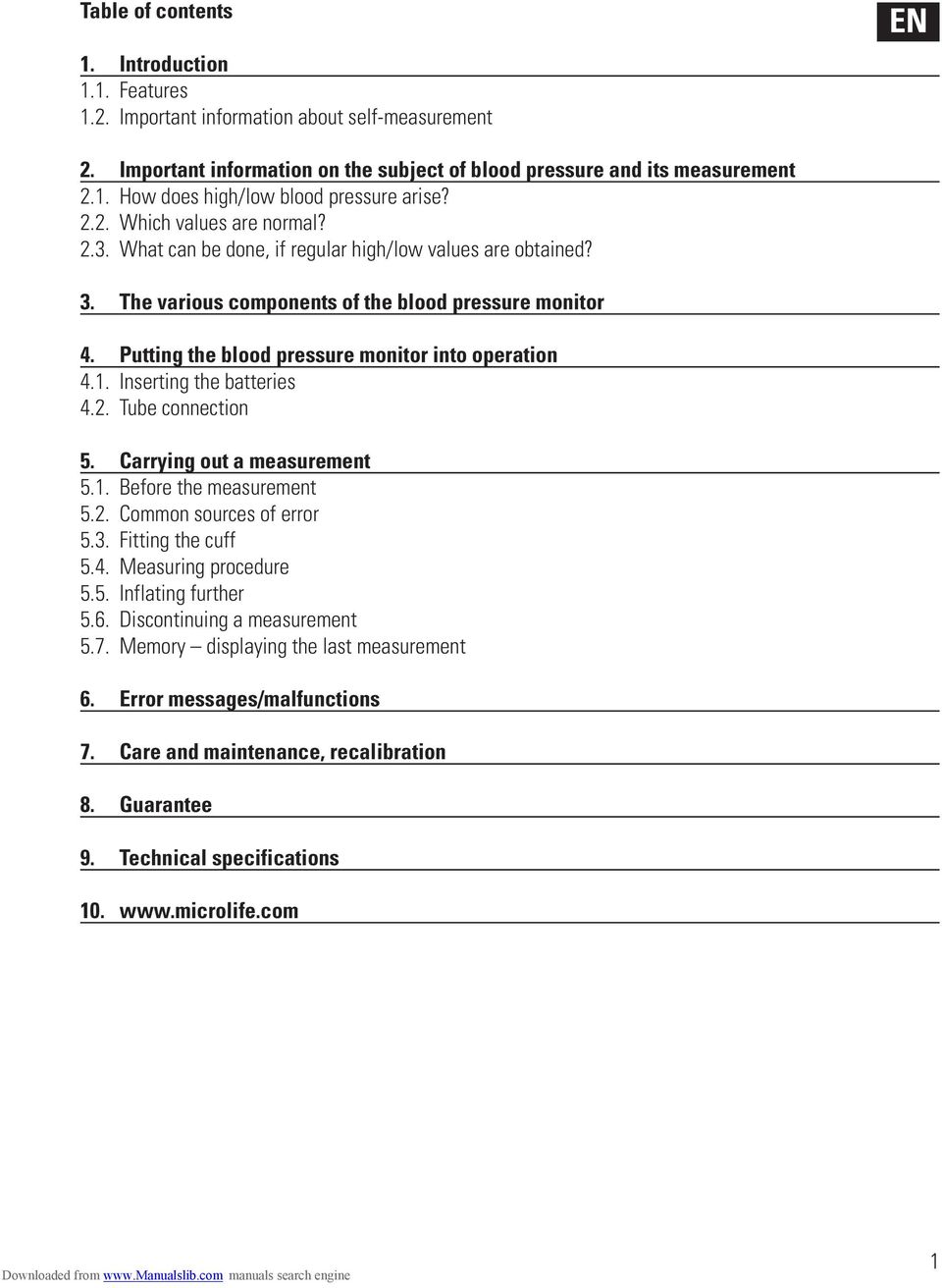 Putting the blood pressure monitor into operation 4.1. Inserting the batteries 4.2. Tube connection 5. Carrying out a measurement 5.1. Before the measurement 5.2. Common sources of error 5.3.