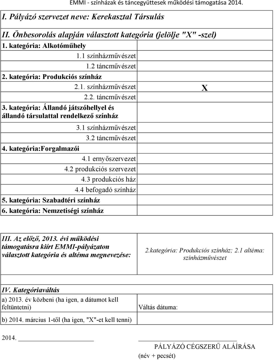 kategória: Állandó játszóhellyel és állandó társulattal rendelkező színház 3.1 színházművészet 3.2 táncművészet 4. kategória:forgalmazói 4.1 ernyőszervezet 4.2 produkciós szervezet 4.