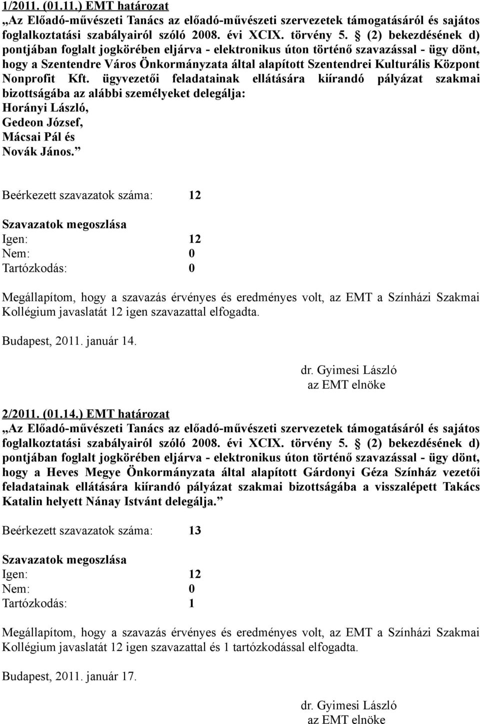 Beérkezett szavazatok száma: 12 Igen: 12 Kollégium javaslatát 12 igen szavazattal elfogadta. Budapest, 2011. január 14.