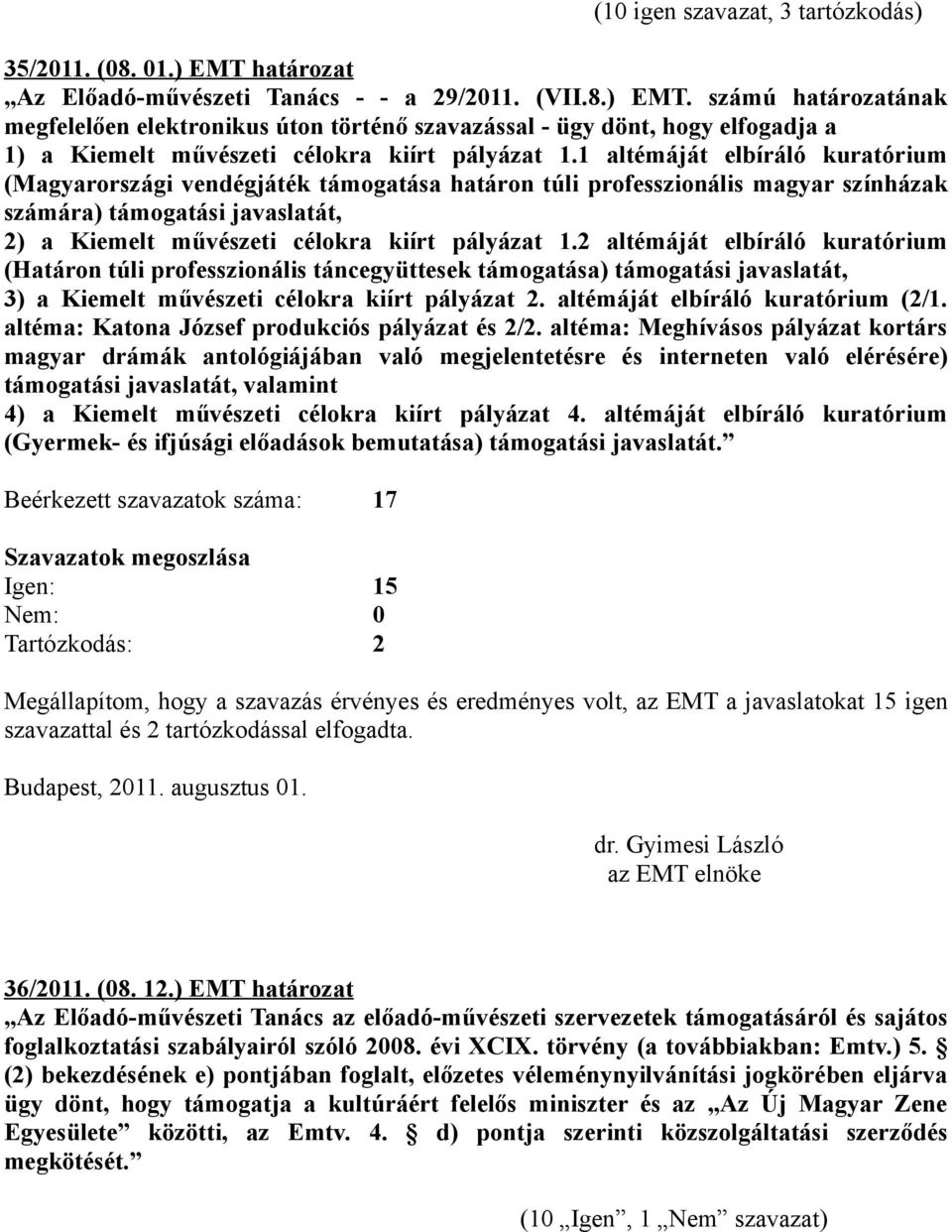 számú határozatának megfelelően elektronikus úton történő szavazással - ügy dönt, hogy elfogadja a 1) a Kiemelt művészeti célokra kiírt pályázat 1.