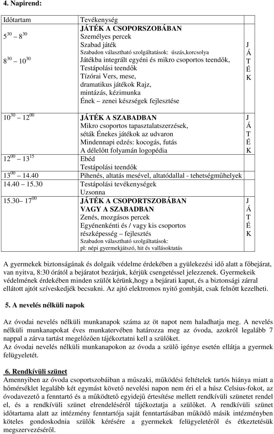 tapasztalatszerzések, séták Énekes játékok az udvaron Mindennapi edzés: kocogás, futás A délelıtt folyamán logopédia 12 00 13 15 Ebéd Testápolási teendık 13 00 14.