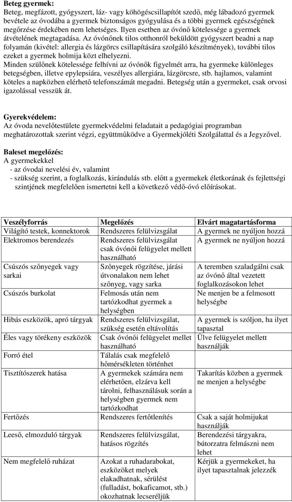 Az óvónınek tilos otthonról beküldött gyógyszert beadni a nap folyamán (kivétel: allergia és lázgörcs csillapítására szolgáló készítmények), további tilos ezeket a gyermek holmija közt elhelyezni.