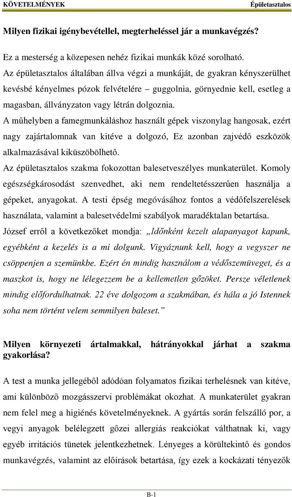 A műhelyben a famegmunkáláshoz használt gépek viszonylag hangosak, ezért nagy zajártalomnak van kitéve a dolgozó, Ez azonban zajvédő eszközök alkalmazásával kiküszöbölhető.