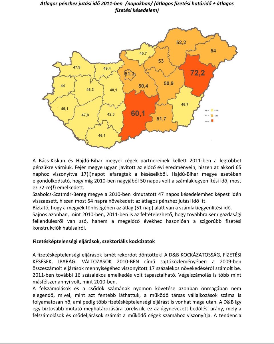 Hajdú-Bihar megye esetében elgondolkodtató, hogy míg 2010-ben nagyjából 50 napos volt a számlakiegyenlítési idő, most ez 72-re(!) emelkedett.