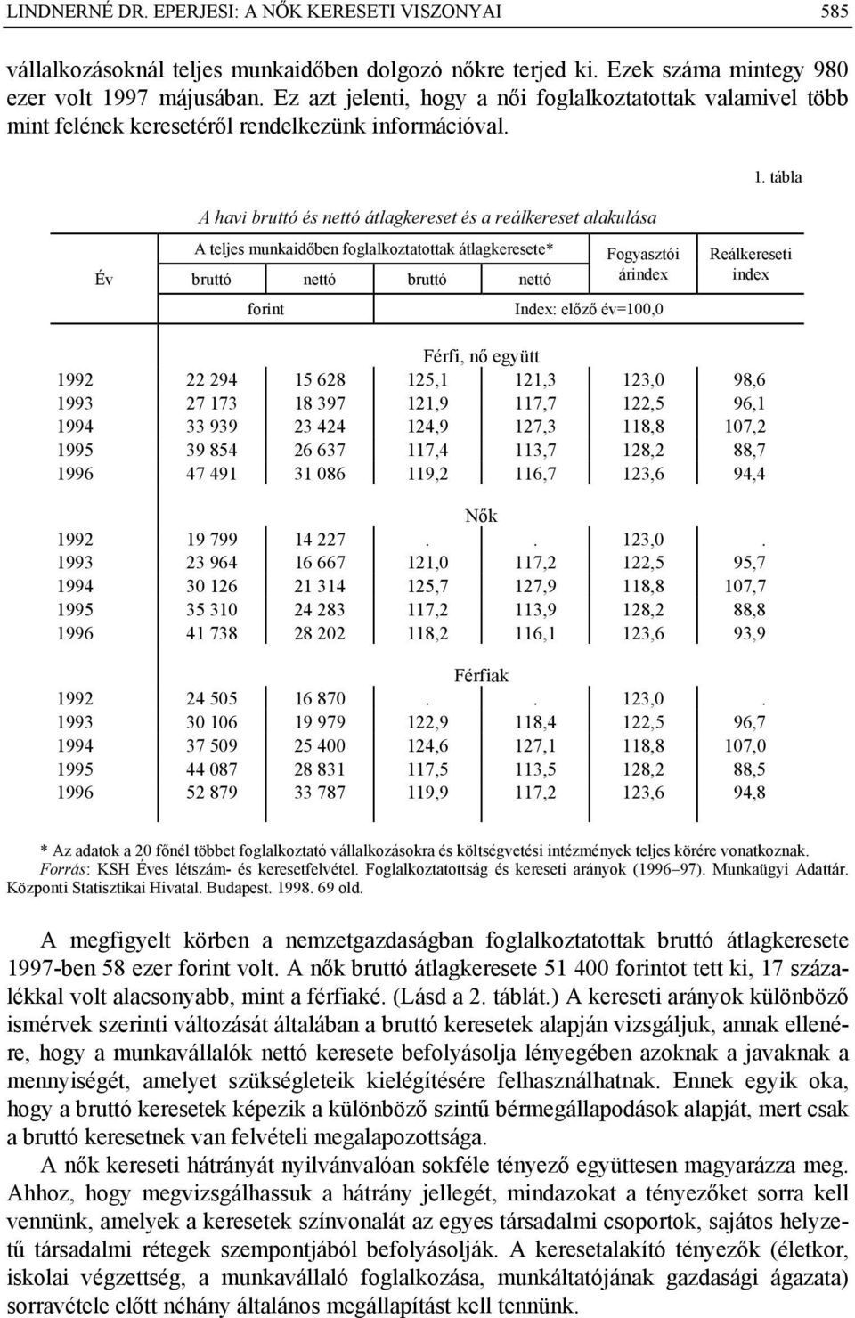 tábla A teljes munkaidőben foglalkoztatottak átlagkeresete* Fogyasztói Reálkereseti Év bruttó nettó bruttó nettó árindex index Index: előző év=100,0 Férfi, nő együtt 1992 22 294 15 628 125,1 121,3