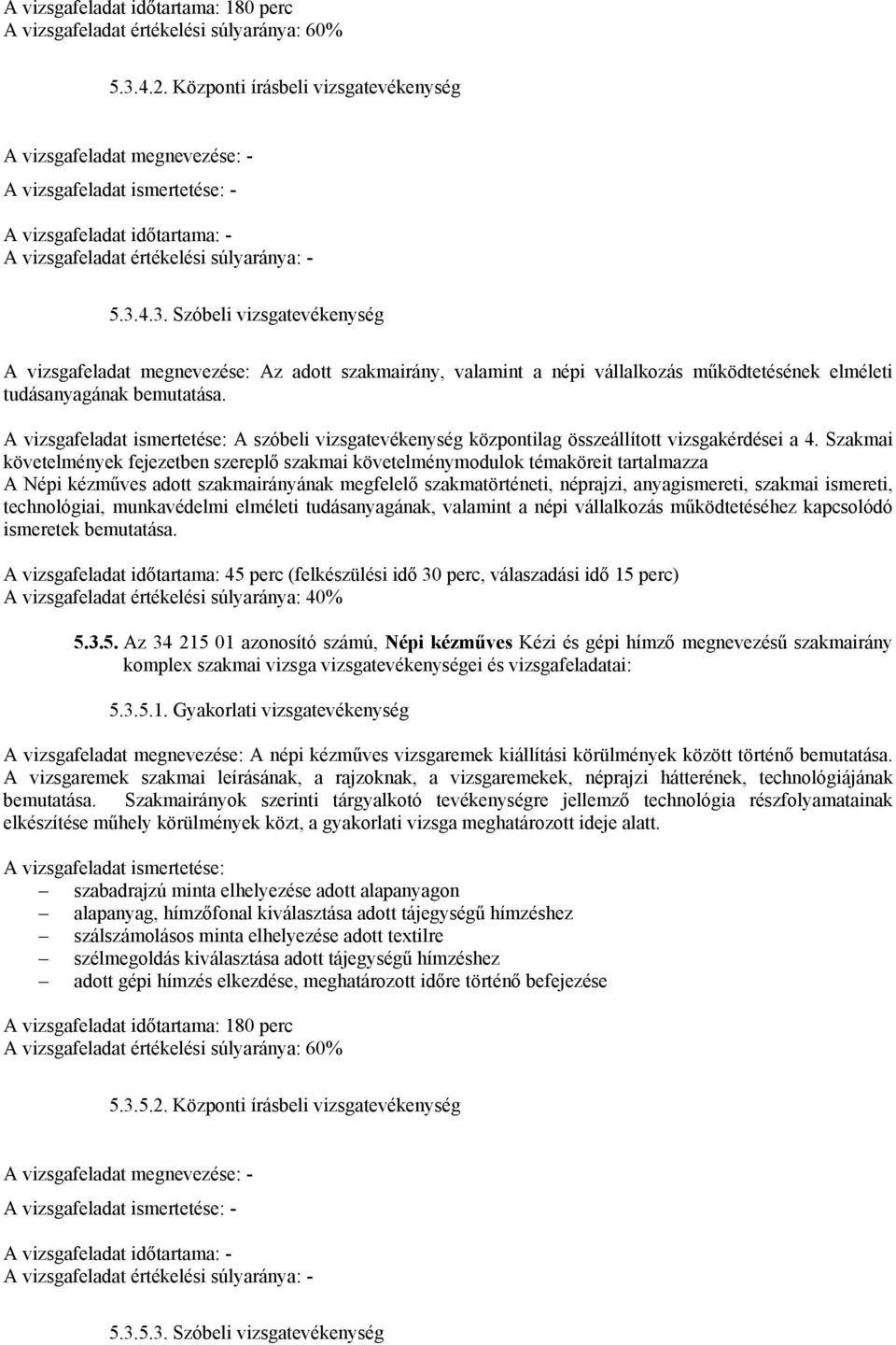 4.3. Szóbeli vizsgatevékenység A vizsgafeladat megnevezése: Az adott szakmairány, valamint a népi vállalkozás működtetésének elméleti tudásanyagának bemutatása.