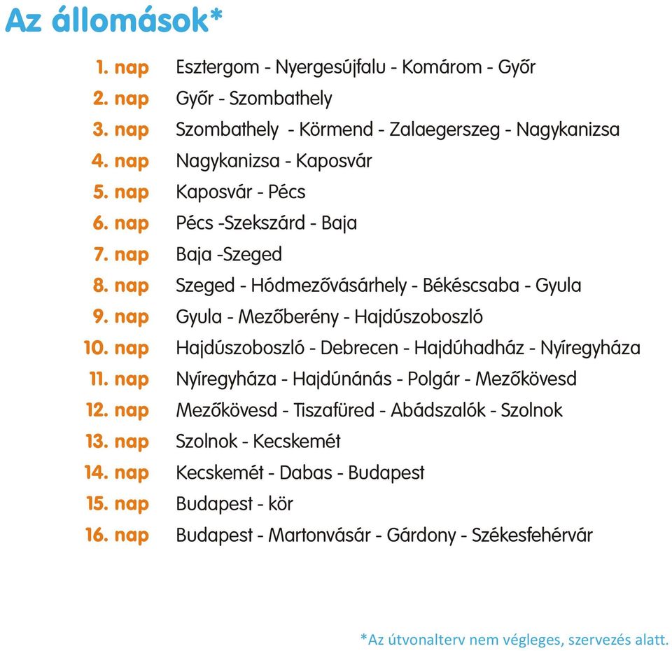 Baja Baja -Szeged Szeged - Hódmezõvásárhely - Békéscsaba - Gyula Gyula - Mezõberény - Hajdúszoboszló Hajdúszoboszló - Debrecen - Hajdúhadház - Nyíregyháza Nyíregyháza -