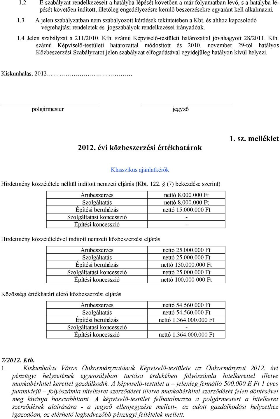 számú Képviselő-testületi határozattal jóváhagyott 28/2011. Kth. számú Képviselő-testületi határozattal módosított és 2010.