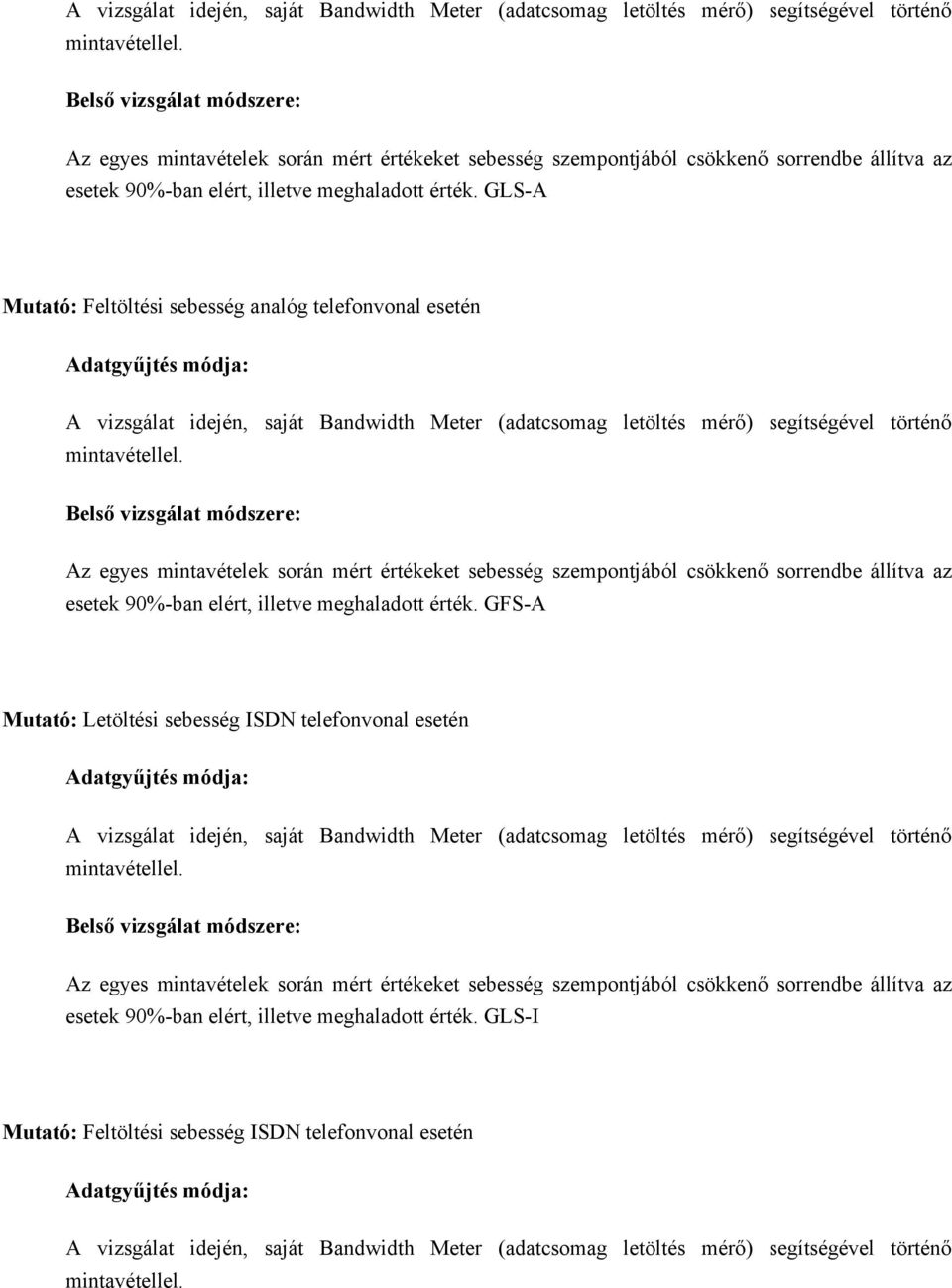 GLS-A Mutató: Feltöltési sebesség analóg telefonvonal esetén Adatgyűjtés módja:   GFS-A Mutató: Letöltési sebesség ISDN telefonvonal esetén Adatgyűjtés módja:   GLS-I Mutató: Feltöltési sebesség ISDN