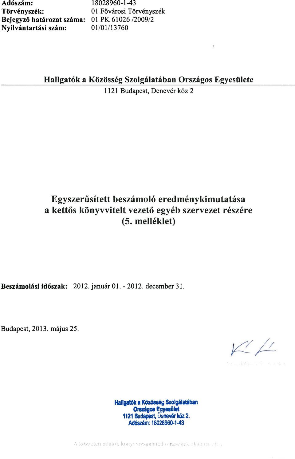 eredménykimutatása a kettős könyvvitelt vezető egyéb szervezet részére (5. melléklet) Beszámolási időszak: 2012.január 01. -2012.