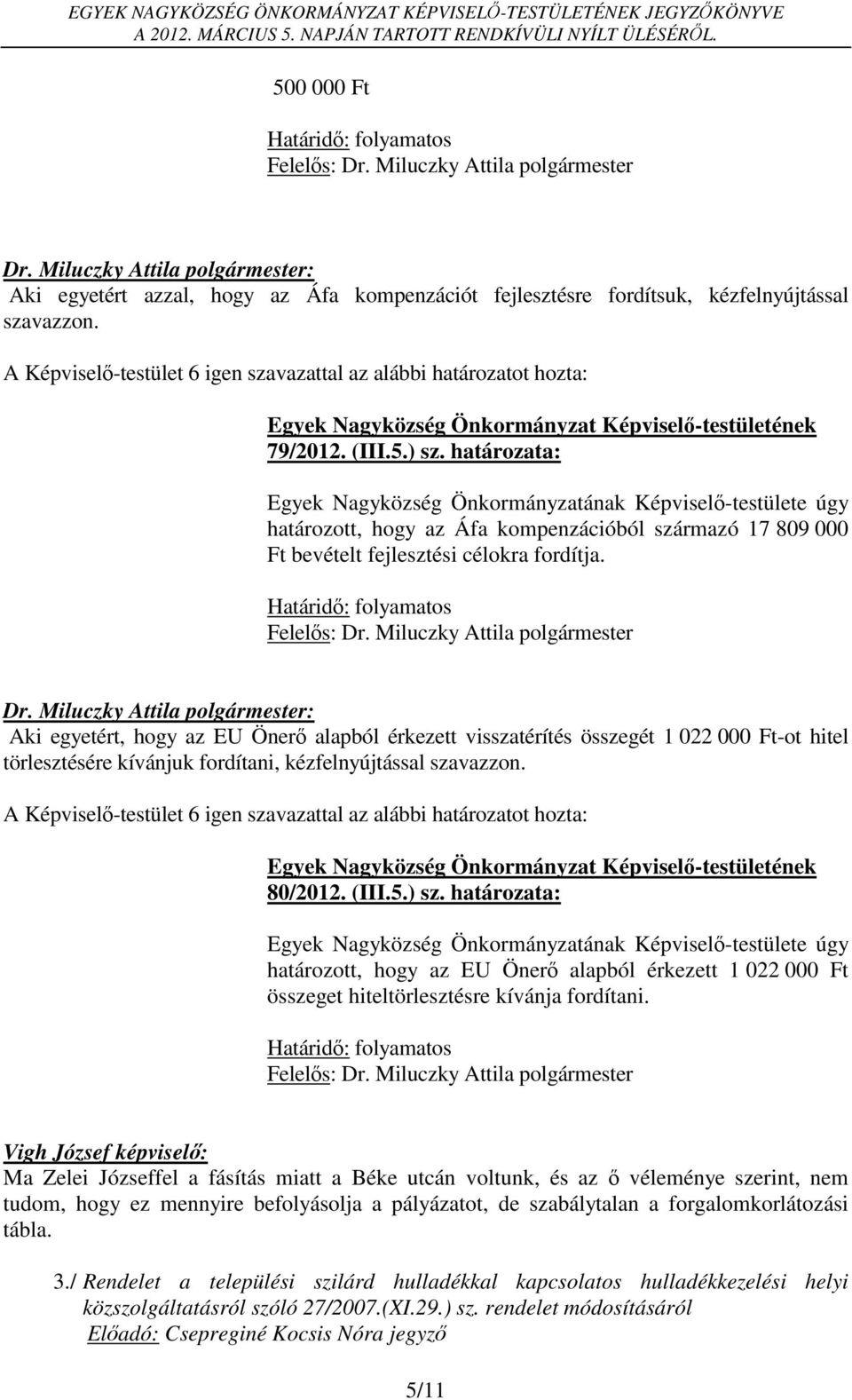 Határidő: folyamatos Aki egyetért, hogy az EU Önerő alapból érkezett visszatérítés összegét 1 022 000 Ft-ot hitel törlesztésére kívánjuk fordítani, kézfelnyújtással szavazzon. 80/2012. (III.5.) sz.