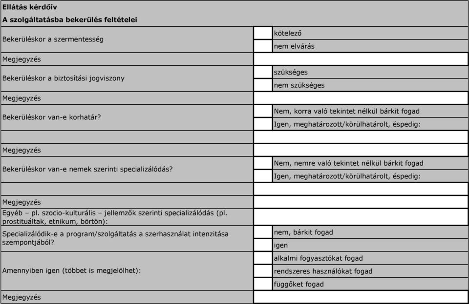 Nem, nemre való tekintet nélkül bárkit fogad Igen, meghatározott/körülhatárolt, éspedig: Megjegyzés Egyéb pl. szocio-kulturális jellemzők szerinti specializálódás (pl.