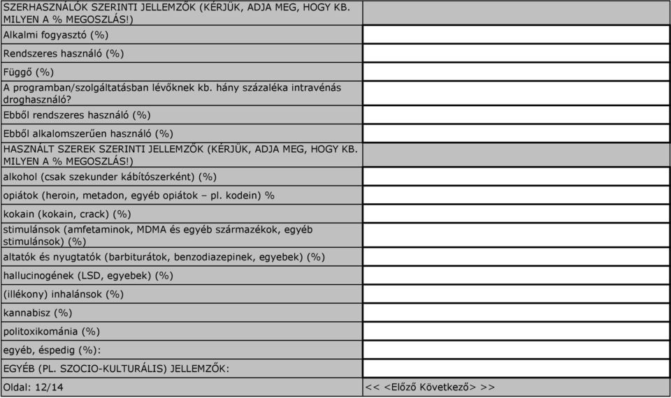 ) alkohol (csak szekunder kábítószerként) (%) opiátok (heroin, metadon, egyéb opiátok pl.