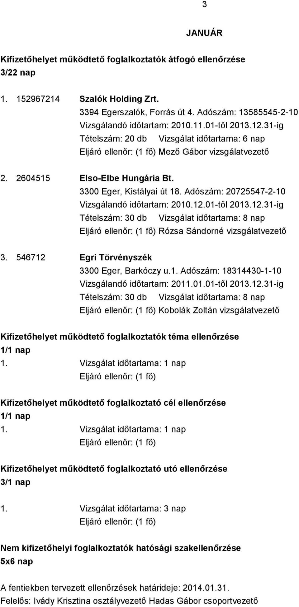 01-től 2013.12.31-ig Tételszám: 30 db Vizsgálat időtartama: 8 nap Rózsa Sándorné vizsgálatvezető 3. 546712 Egri Törvényszék 3300 Eger, Barkóczy u.1. Adószám: 18314430-1-10 Vizsgálandó időtartam: 2011.