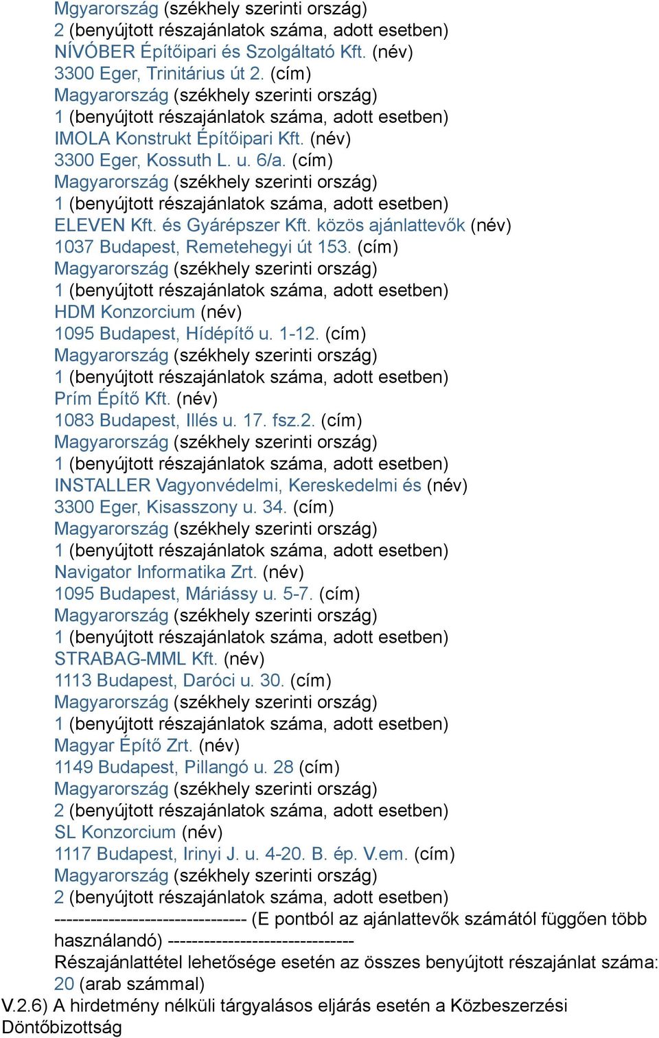 (cím) Prím Építő Kft. (név) 1083 Budapest, Illés u. 17. fsz.2. (cím) INSTALLER Vagyonvédelmi, Kereskedelmi és (név) 3300 Eger, Kisasszony u. 34. (cím) Navigator Informatika Zrt.