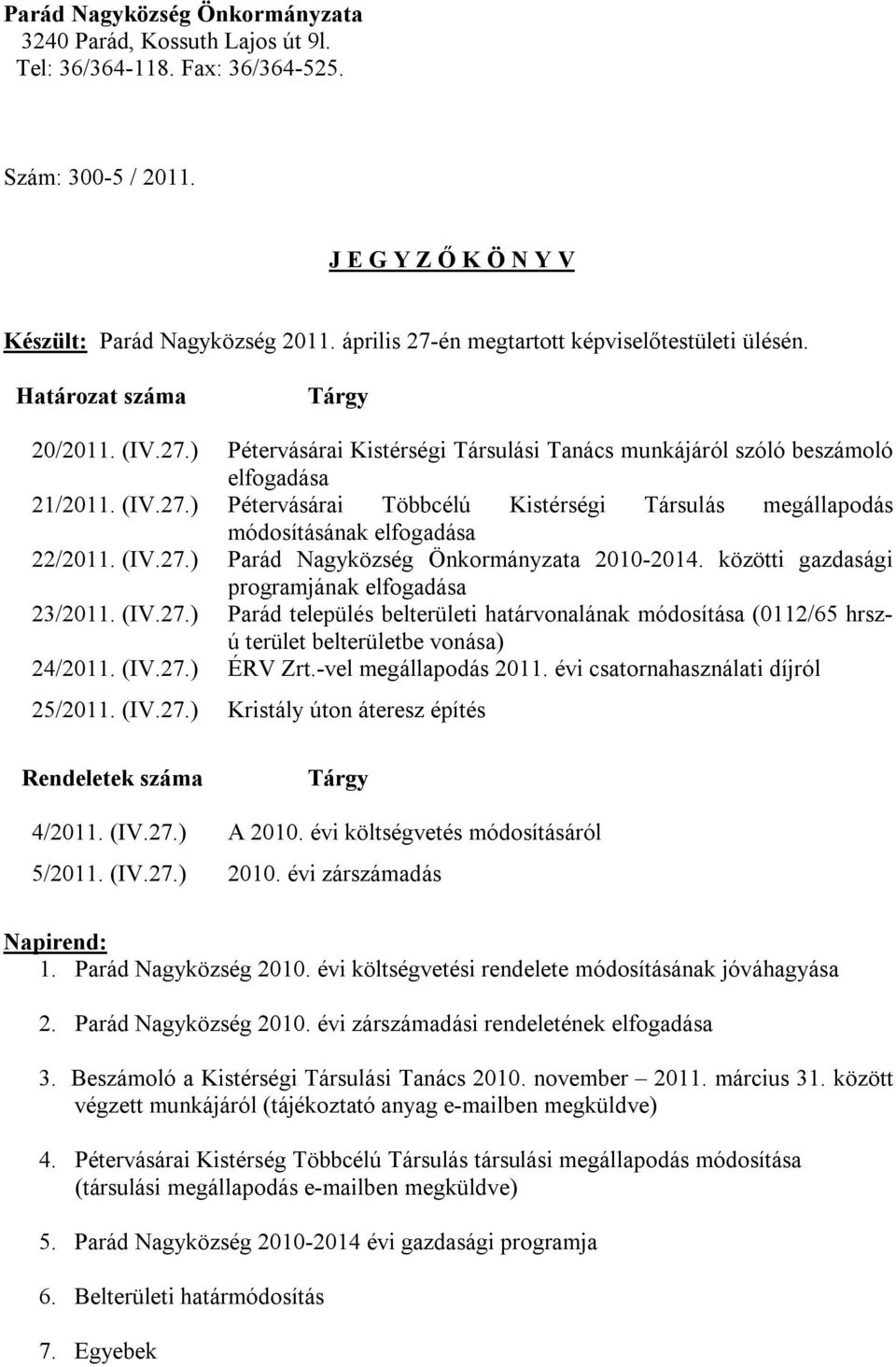 (IV.27.) Parád Nagyközség Önkormányzata 2010-2014. közötti gazdasági programjának elfogadása 23/2011. (IV.27.) Parád település belterületi határvonalának módosítása (0112/65 hrszú terület belterületbe vonása) 24/2011.