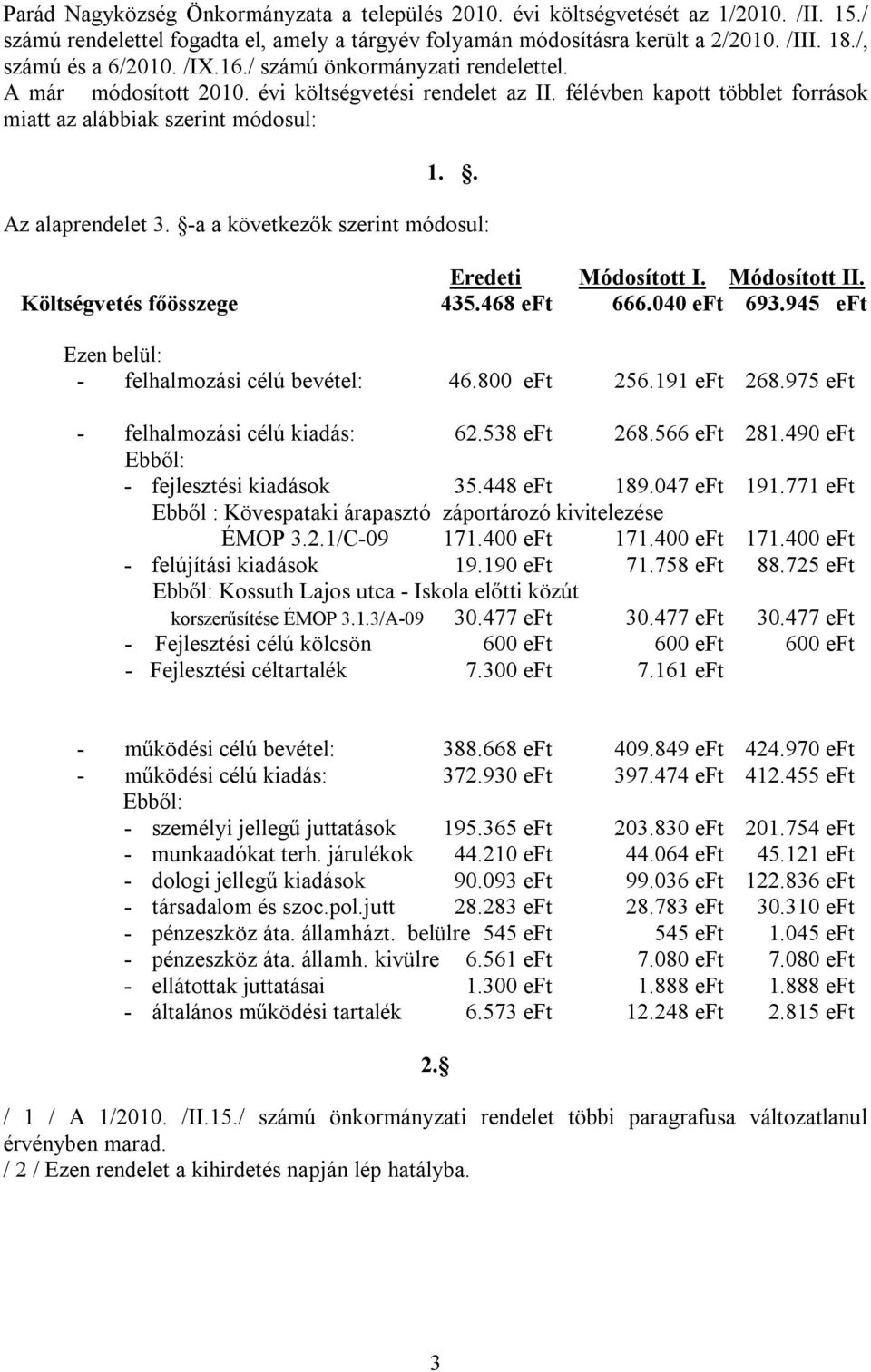 . Az alaprendelet 3. -a a következők szerint módosul: Eredeti Módosított I. Módosított II. Költségvetés főösszege 435.468 eft 666.040 eft 693.945 eft Ezen belül: - felhalmozási célú bevétel: 46.