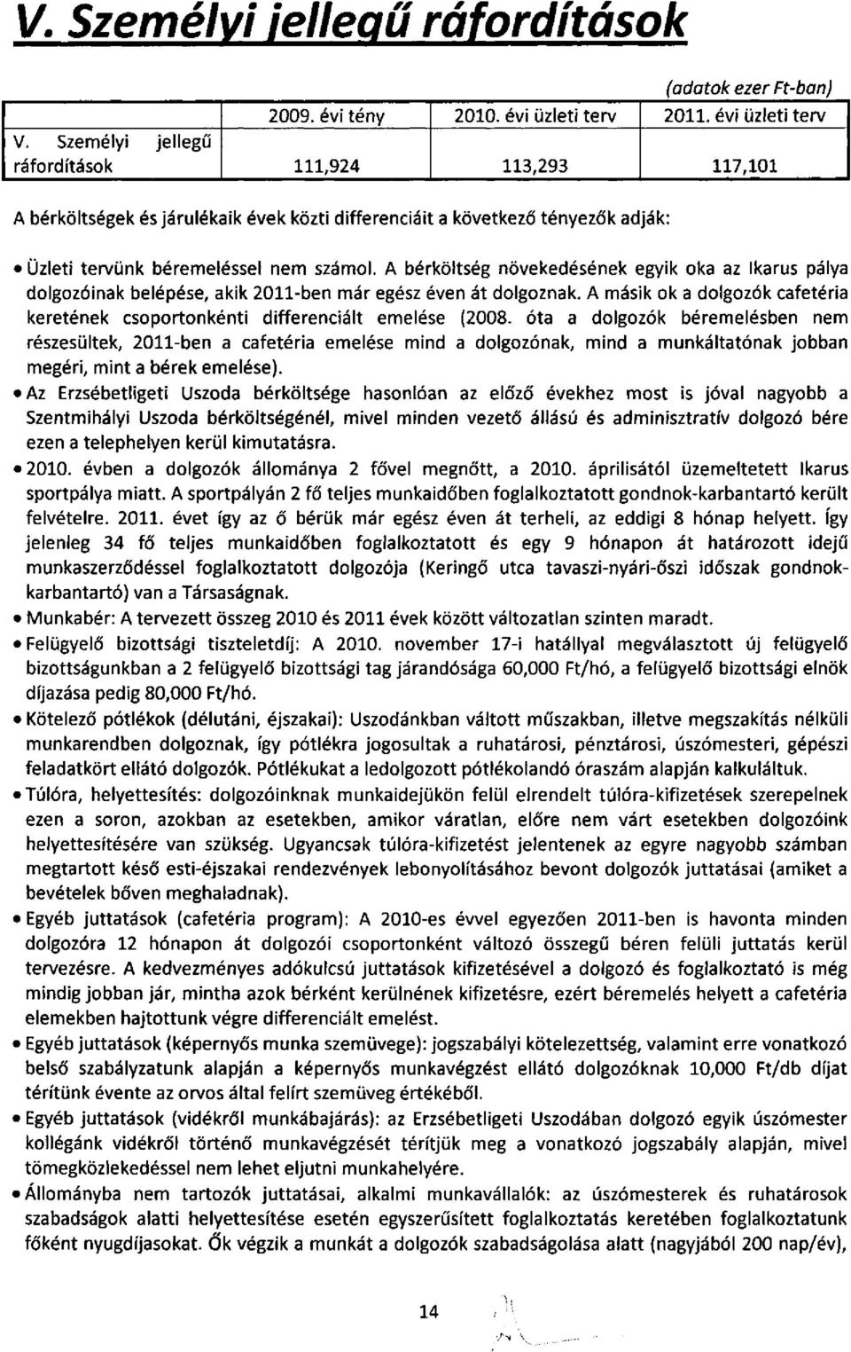 A bérköltség növekedésének egyik oka az Ikarus pálya dolgozóinak belépése, akik 2011ben már egész éven át dolgoznak.