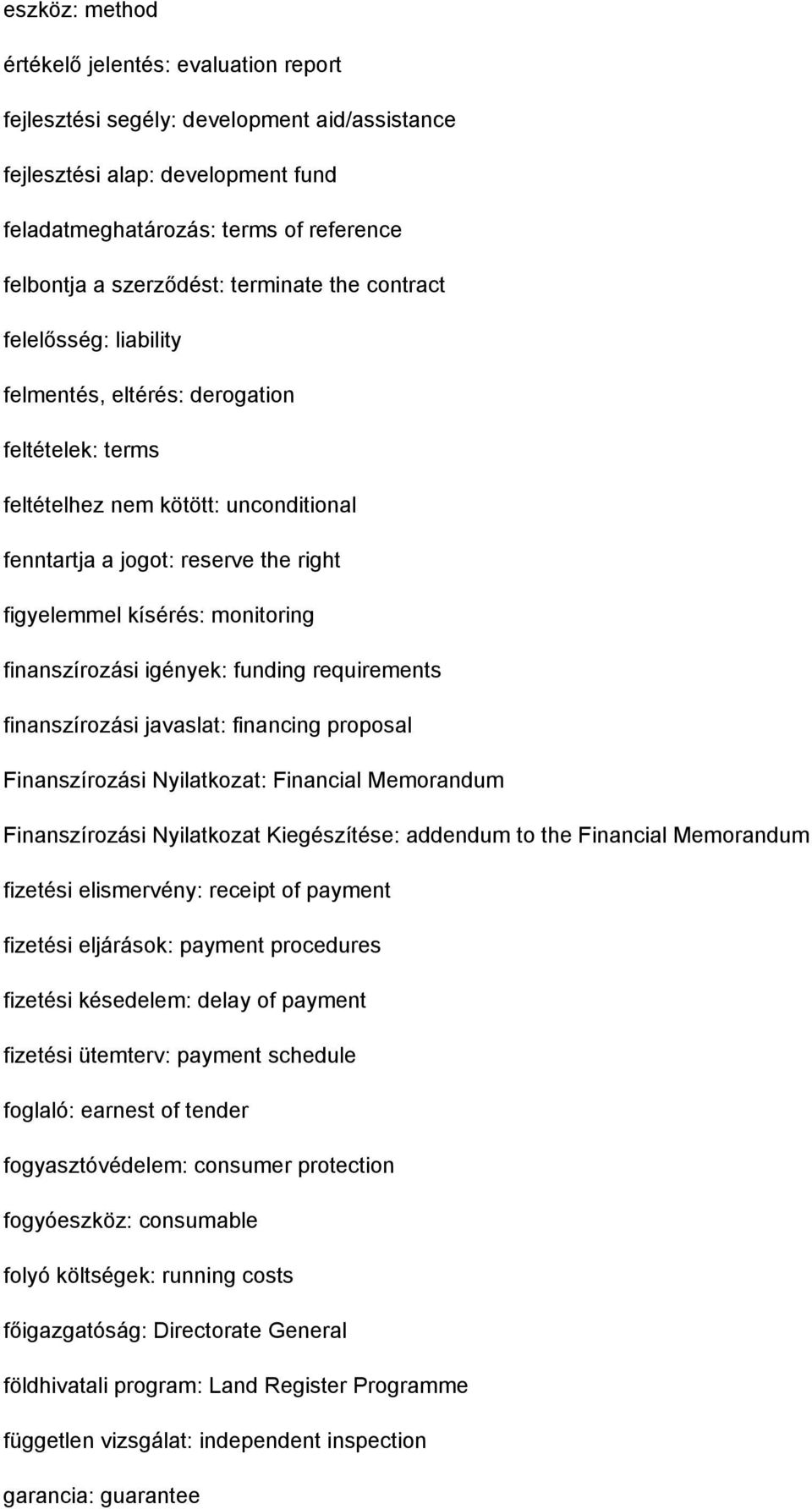 monitoring finanszírozási igények: funding requirements finanszírozási javaslat: financing proposal Finanszírozási Nyilatkozat: Financial Memorandum Finanszírozási Nyilatkozat Kiegészítése: addendum