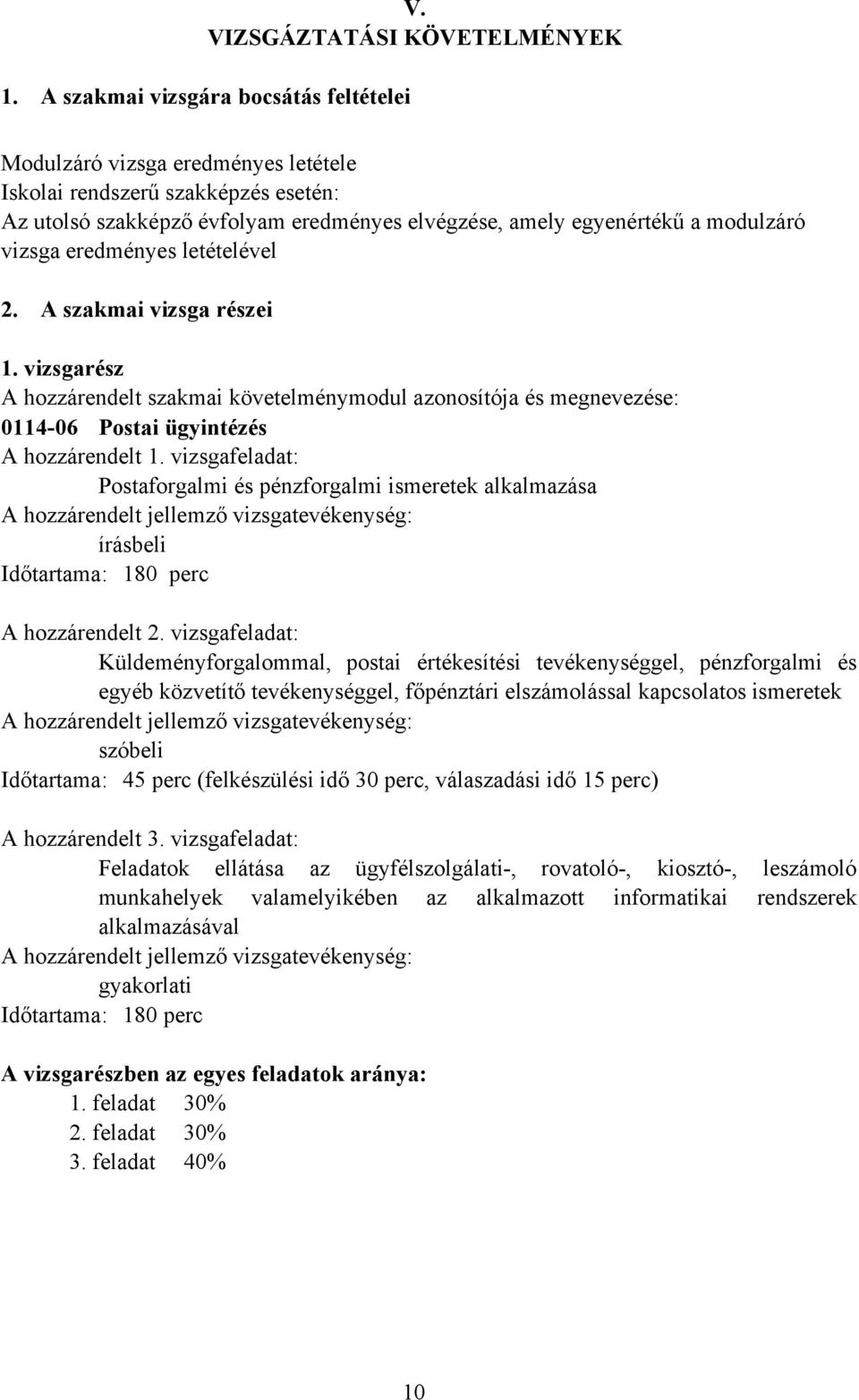 eredményes letételével 2. szakmai vizsga részei 1. vizsgarész hozzárendelt szakmai követelménymodul azonosítója és megnevezése: 0114-06 Postai ügyintézés hozzárendelt 1.