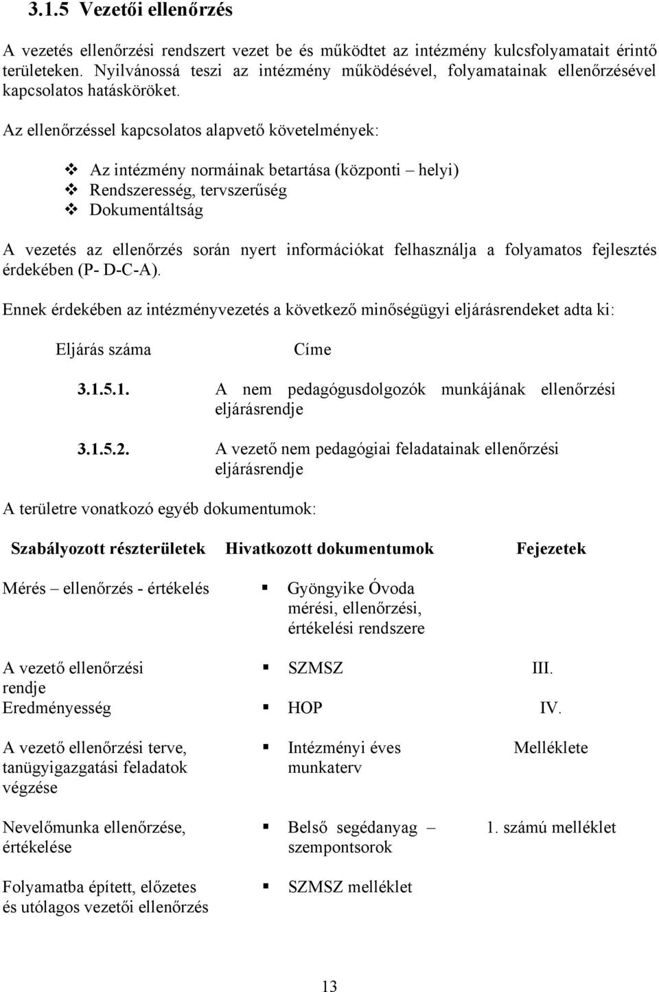 Az ellenőrzéssel kapcsolatos alapvető követelmények: Az intézmény normáinak betartása (központi helyi) Rendszeresség, tervszerűség Dokumentáltság A vezetés az ellenőrzés során nyert információkat