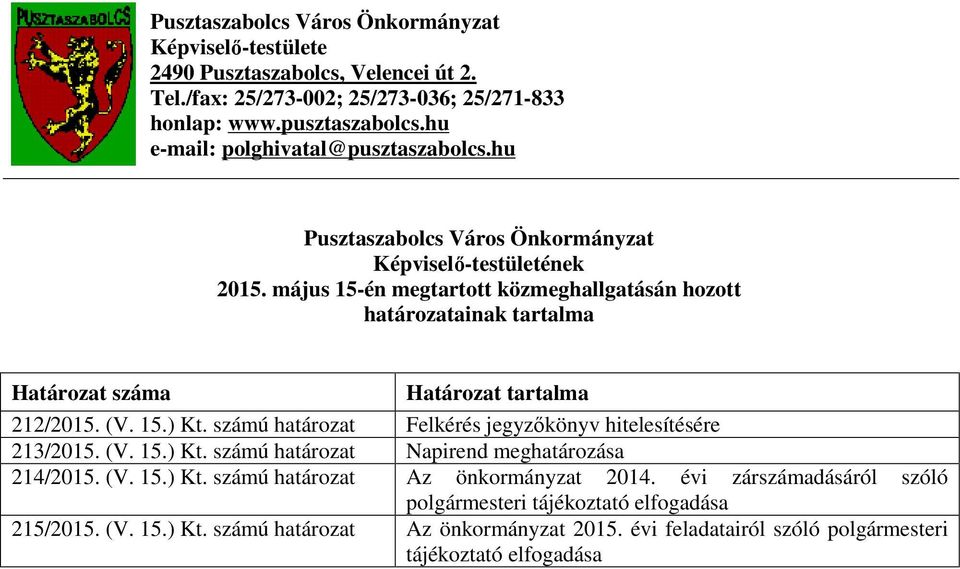 május 15-én megtartott közmeghallgatásán hozott határozatainak tartalma Határozat száma Határozat tartalma 212/2015. (V. 15.) Kt.