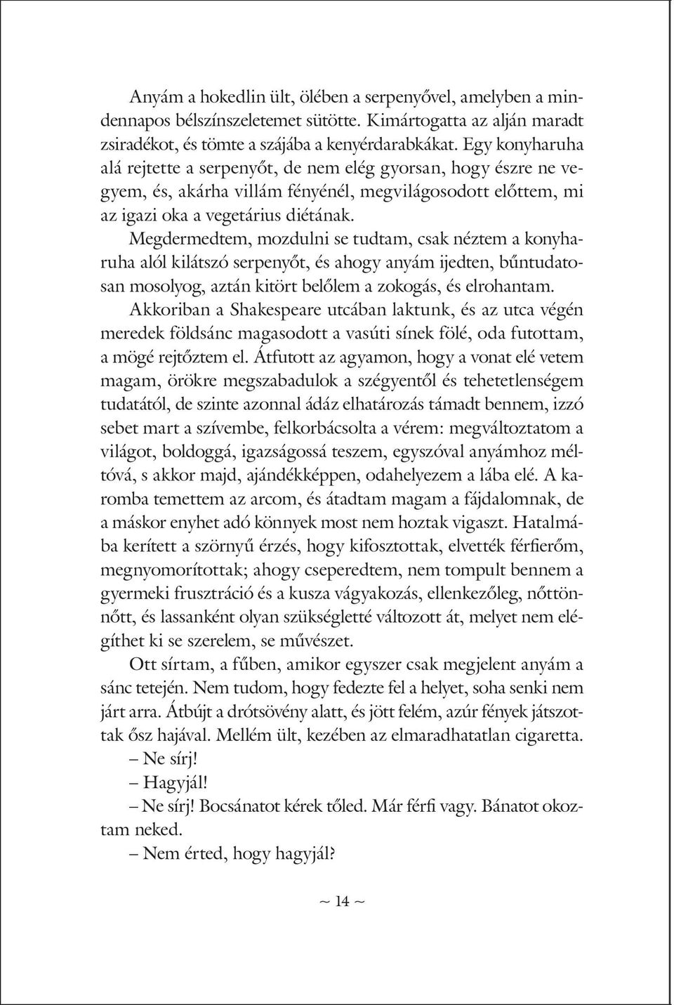 Megdermedtem, mozdulni se tudtam, csak néztem a konyharuha alól kilátszó serpenyőt, és ahogy anyám ijedten, bűntudatosan mosolyog, aztán kitört belőlem a zokogás, és elrohantam.