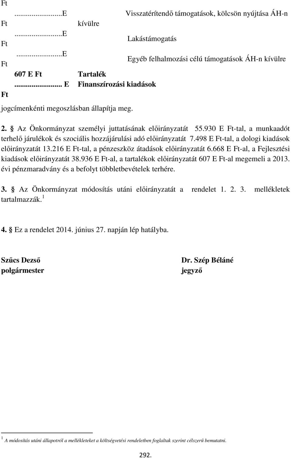 kiadások előirányzatát 13216 E Ft-tal, a pénzeszköz átadások előirányzatát 6668 E Ft-al, a Fejlesztési kiadások előirányzatát 38936 E Ft-al, a tartalékok előirányzatát 607 E Ft-al megemeli a 2013 évi