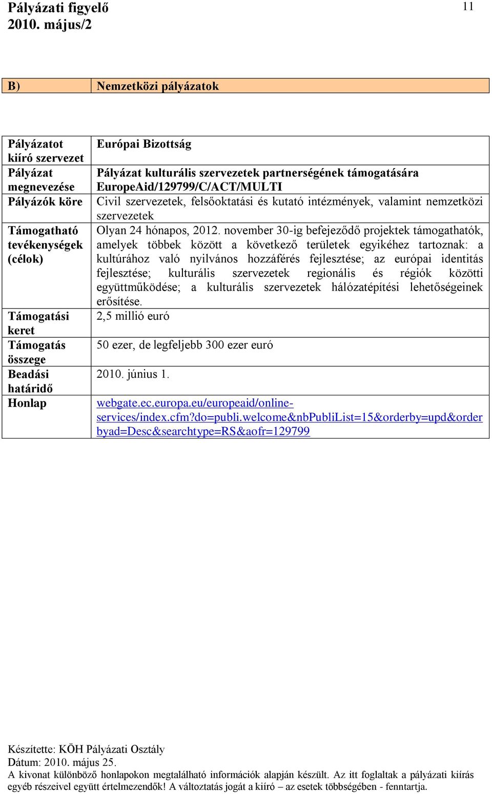 november 30-ig befejeződő projektek támogathatók, amelyek többek között a következő területek egyikéhez tartoznak: a kultúrához való nyilvános hozzáférés fejlesztése; az európai identitás