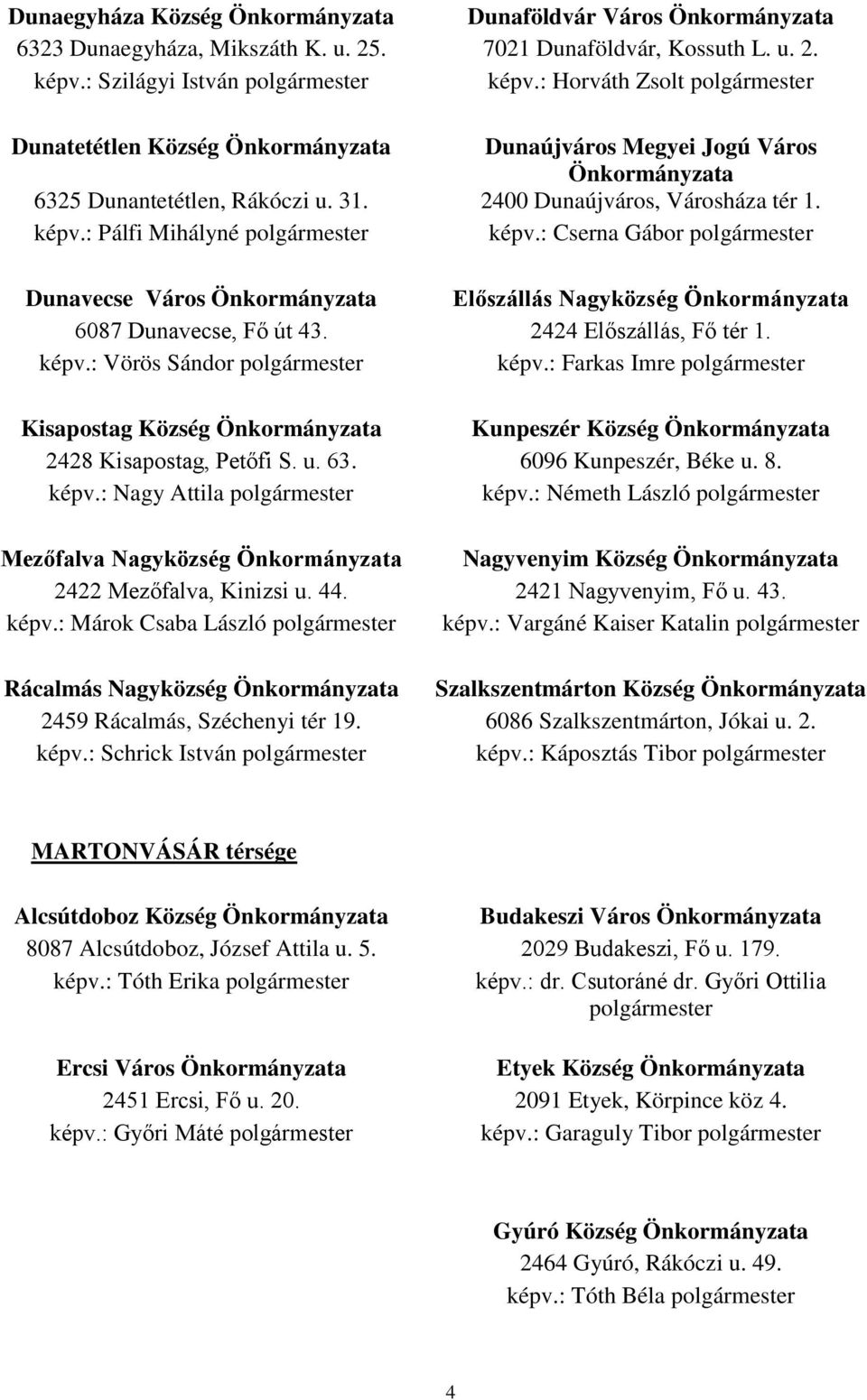 : Pálfi Mihályné polgármester képv.: Cserna Gábor polgármester Dunavecse Város Önkormányzata Előszállás Nagyközség Önkormányzata 6087 Dunavecse, Fő út 43. 2424 Előszállás, Fő tér 1. képv.: Vörös Sándor polgármester képv.