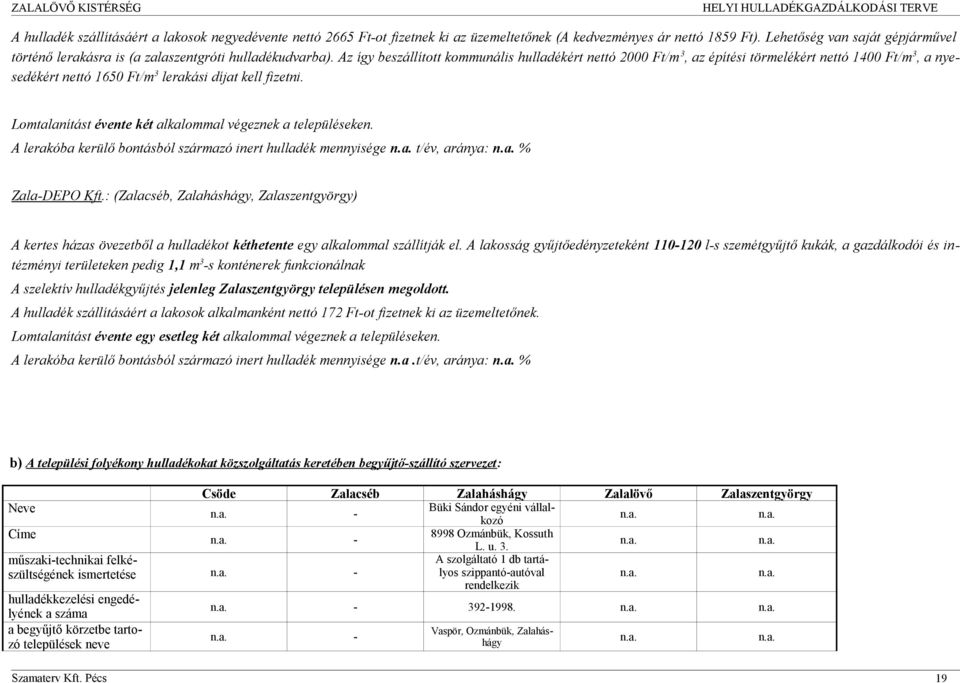 alkalommal végeznek a településeken A lerakóba kerülő bontásból származó inert hulladék mennyisége na t/év, aránya: na % Zala-DEPO Kft: (Zalacséb, Zalaháshágy, Zalaszentgyörgy) A kertes házas