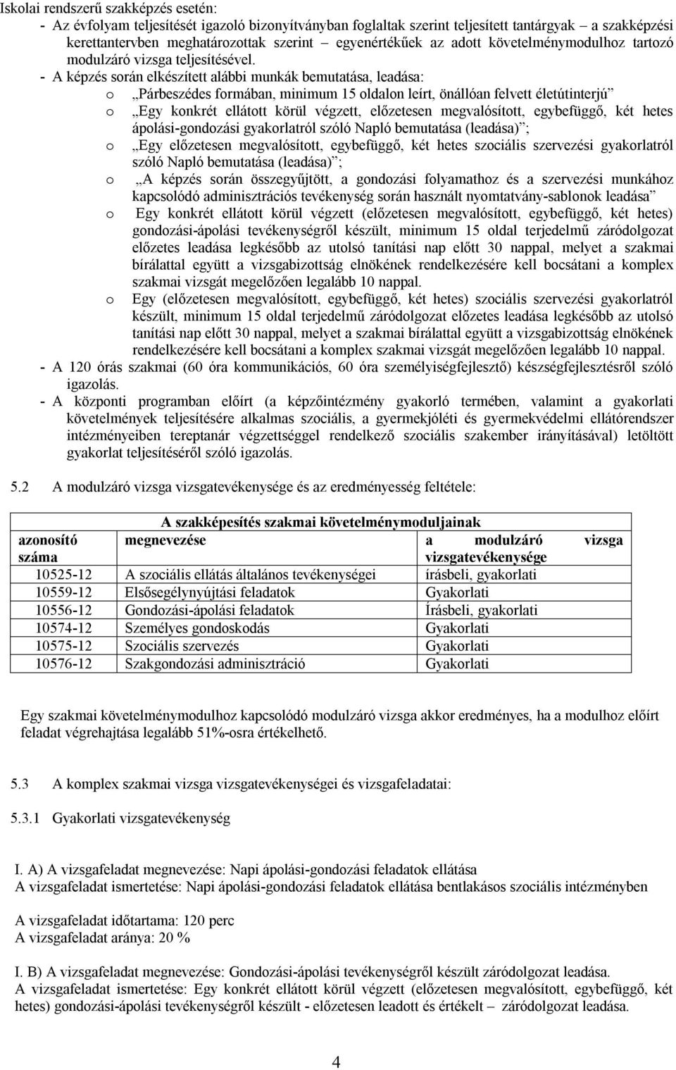 - A képzés során elkészített alábbi munkák bemutatása, leadása: o Párbeszédes formában, minimum 15 oldalon leírt, önállóan felvett életútinterjú o Egy konkrét ellátott körül végzett, előzetesen