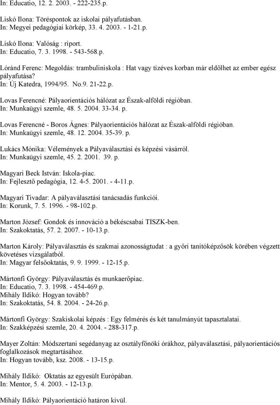 In: Munkaügyi szemle, 48. 5. 2004. 33-34. p. Lovas Ferencné - Boros Ágnes: Pályaorientációs hálózat az Észak-alföldi régióban. In: Munkaügyi szemle, 48. 12. 2004. 35-39. p. Lukács Mónika: Vélemények a Pályaválasztási és képzési vásárról.