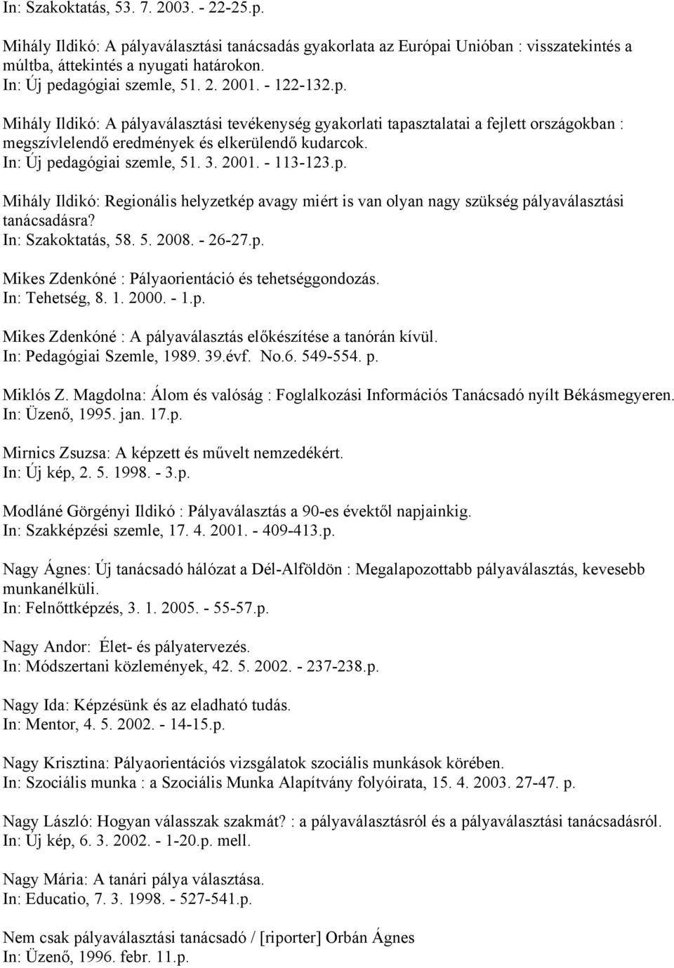 In: Új pedagógiai szemle, 51. 3. 2001. - 113-123.p. Mihály Ildikó: Regionális helyzetkép avagy miért is van olyan nagy szükség pályaválasztási tanácsadásra? In: Szakoktatás, 58. 5. 2008. - 26-27.p. Mikes Zdenkóné : Pályaorientáció és tehetséggondozás.