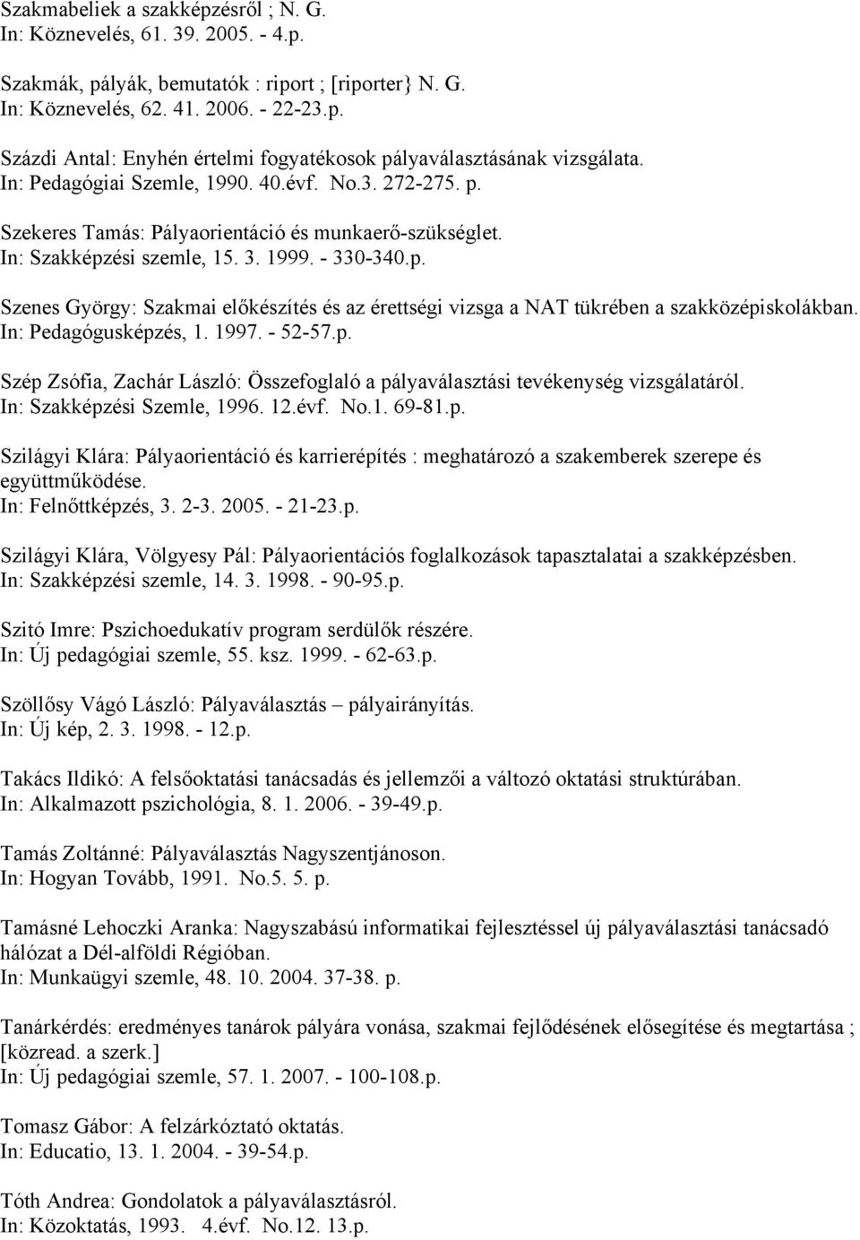 In: Pedagógusképzés, 1. 1997. - 52-57.p. Szép Zsófia, Zachár László: Összefoglaló a pályaválasztási tevékenység vizsgálatáról. In: Szakképzési Szemle, 1996. 12.évf. No.1. 69-81.p. Szilágyi Klára: Pályaorientáció és karrierépítés : meghatározó a szakemberek szerepe és együttműködése.