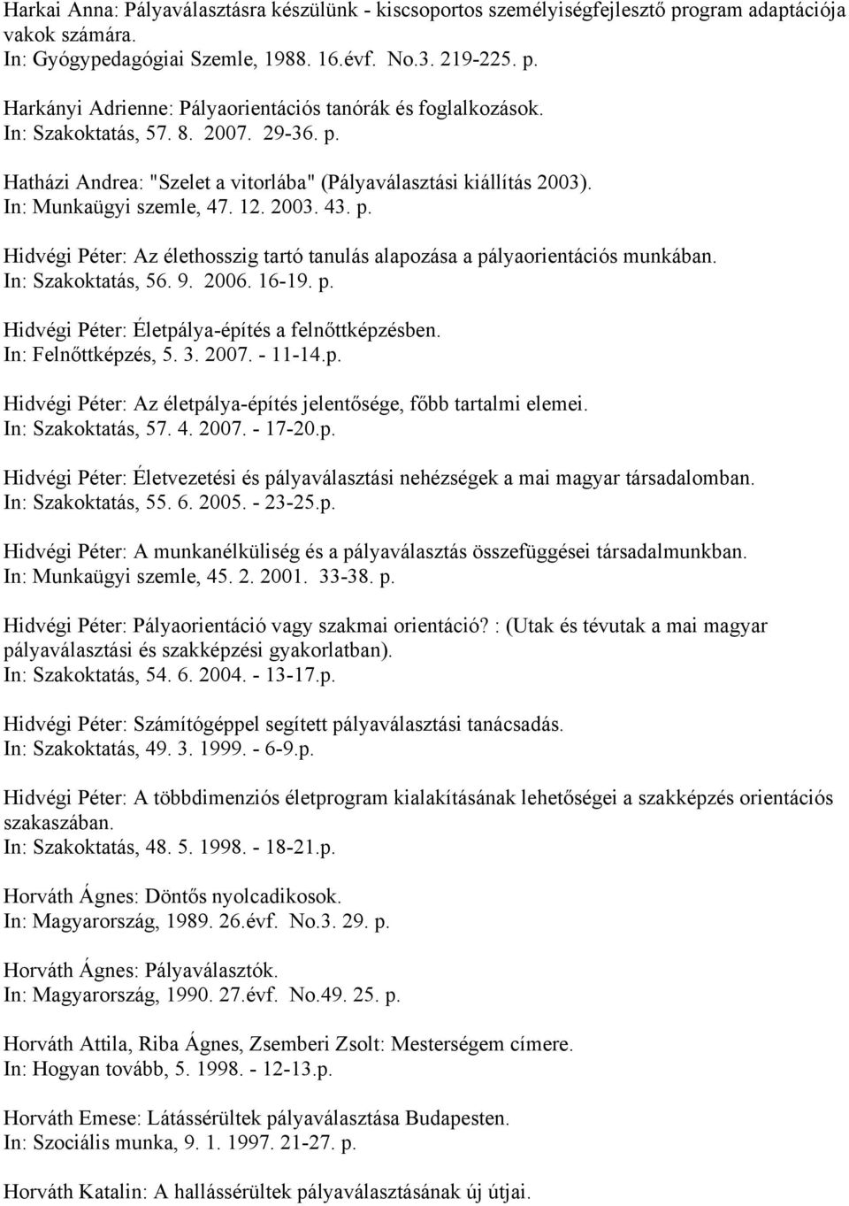 In: Szakoktatás, 56. 9. 2006. 16-19. p. Hidvégi Péter: Életpálya-építés a felnőttképzésben. In: Felnőttképzés, 5. 3. 2007. - 11-14.p. Hidvégi Péter: Az életpálya-építés jelentősége, főbb tartalmi elemei.