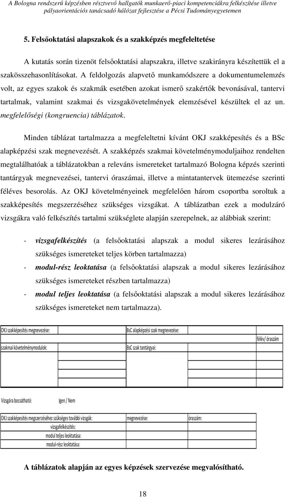 elemzésével készültek el az un. megfelelőségi (kongruencia) táblázatok. Minden táblázat tartalmazza a megfeleltetni kívánt OKJ szakképesítés és a BSc alapképzési szak megnevezését.