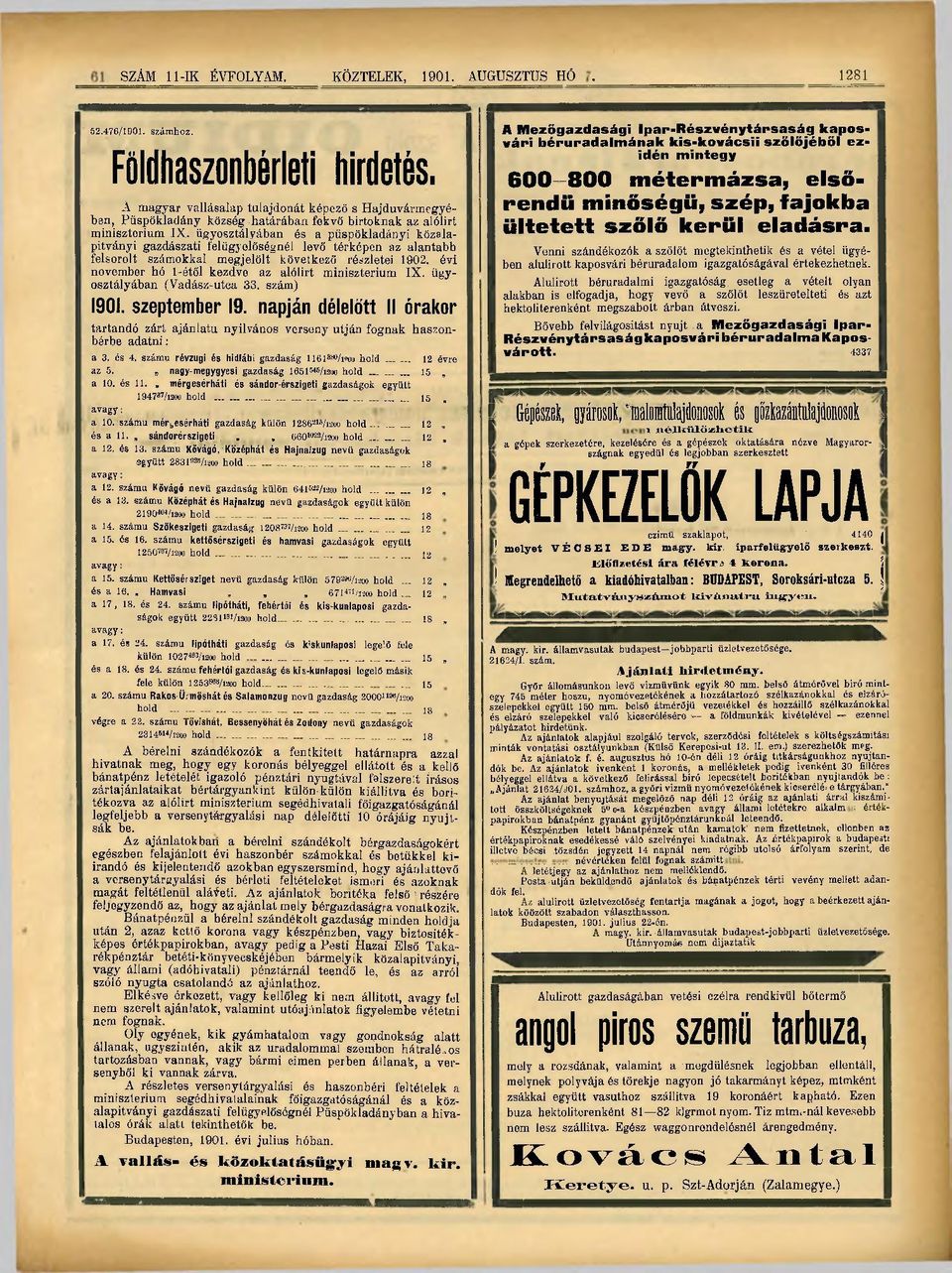 ügyosztályában és a püspökladányi közalapítványi gazdászati felügyelőségnél levő térképen az alantabb felsorolt számokkal megjelölt következő részletei 1902.