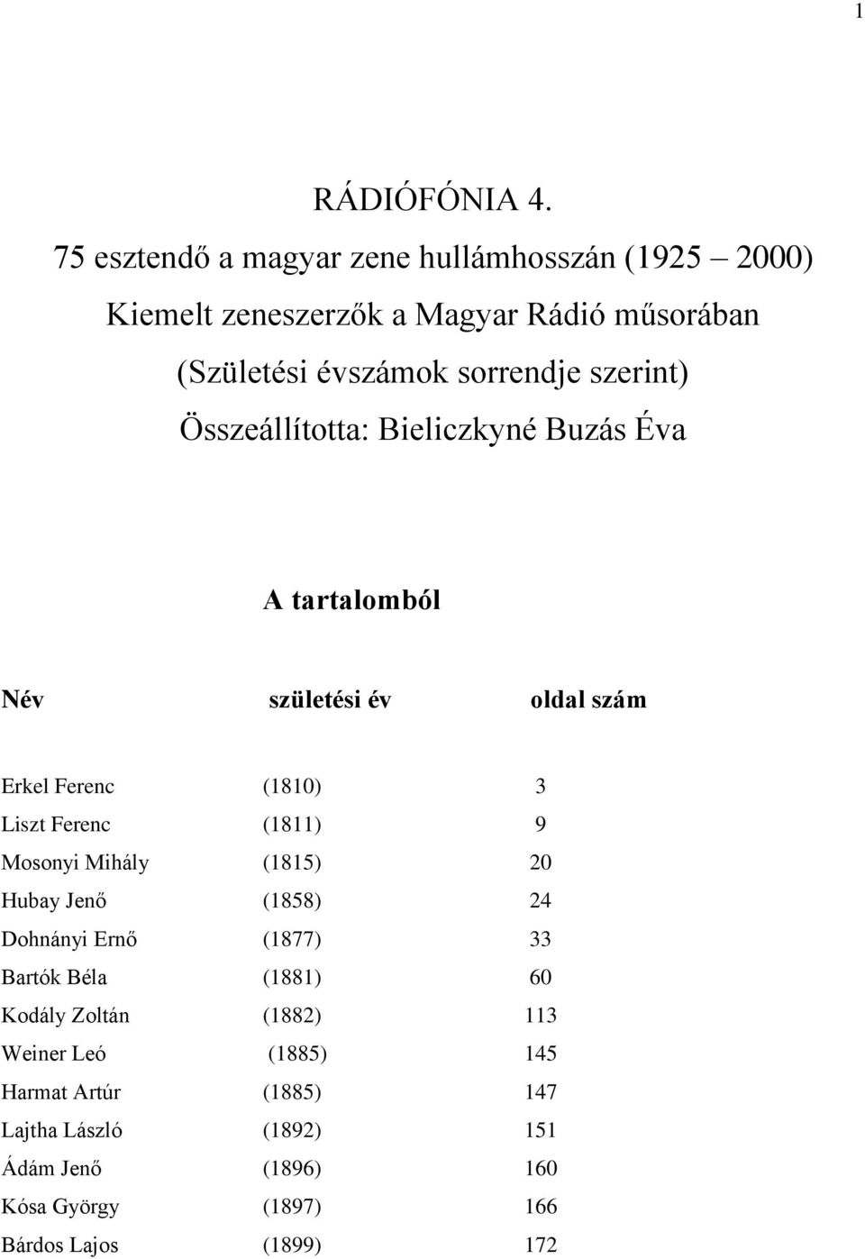 szerint) Összeállította: Bieliczkyné Buzás Éva A tartalomból Név születési év oldal szám Erkel Ferenc (1810) 3 Liszt Ferenc (1811) 9