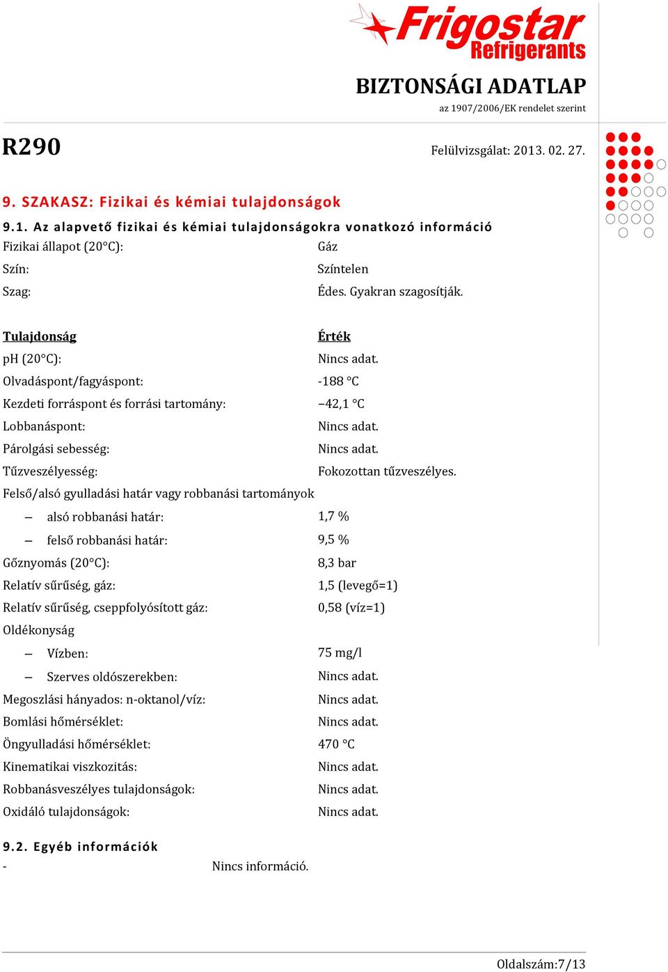 Felső/alsó gyulladási határ vagy robbanási tartományok alsó robbanási határ: 1,7 % felső robbanási határ: 9,5 % Gőznyomás (20 C): 8,3 bar Relatív sűrűség, gáz: 1,5 (levegő=1) Relatív sűrűség,