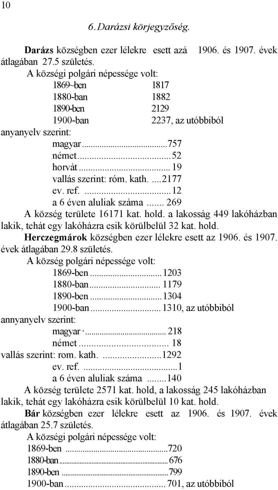 ...12 a 6 éven aluliak száma... 269 A község területe 16171 kat. hold. a lakosság 449 lakóházban lakik, tehát egy lakóházra esik körülbelül 32 kat. hold. Herczegmárok községben ezer lélekre esett az 1906.