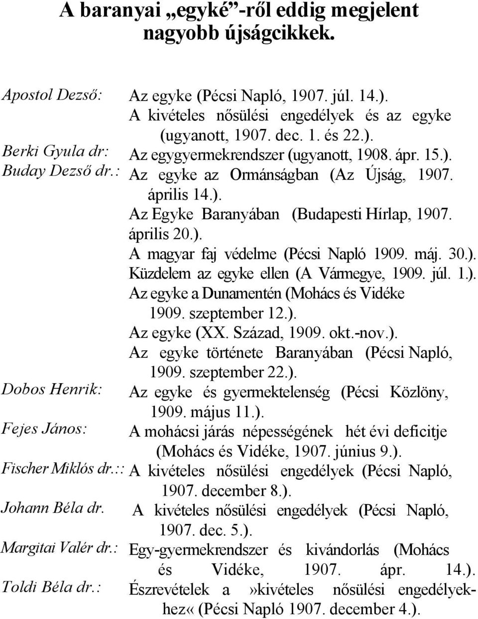 április 14.). Az Egyke Baranyában (Budapesti Hírlap, 1907. április 20.). A magyar faj védelme (Pécsi Napló 1909. máj. 30.). Küzdelem az egyke ellen (A Vármegye, 1909. júl. 1.). Az egyke a Dunamentén (Mohács és Vidéke 1909.