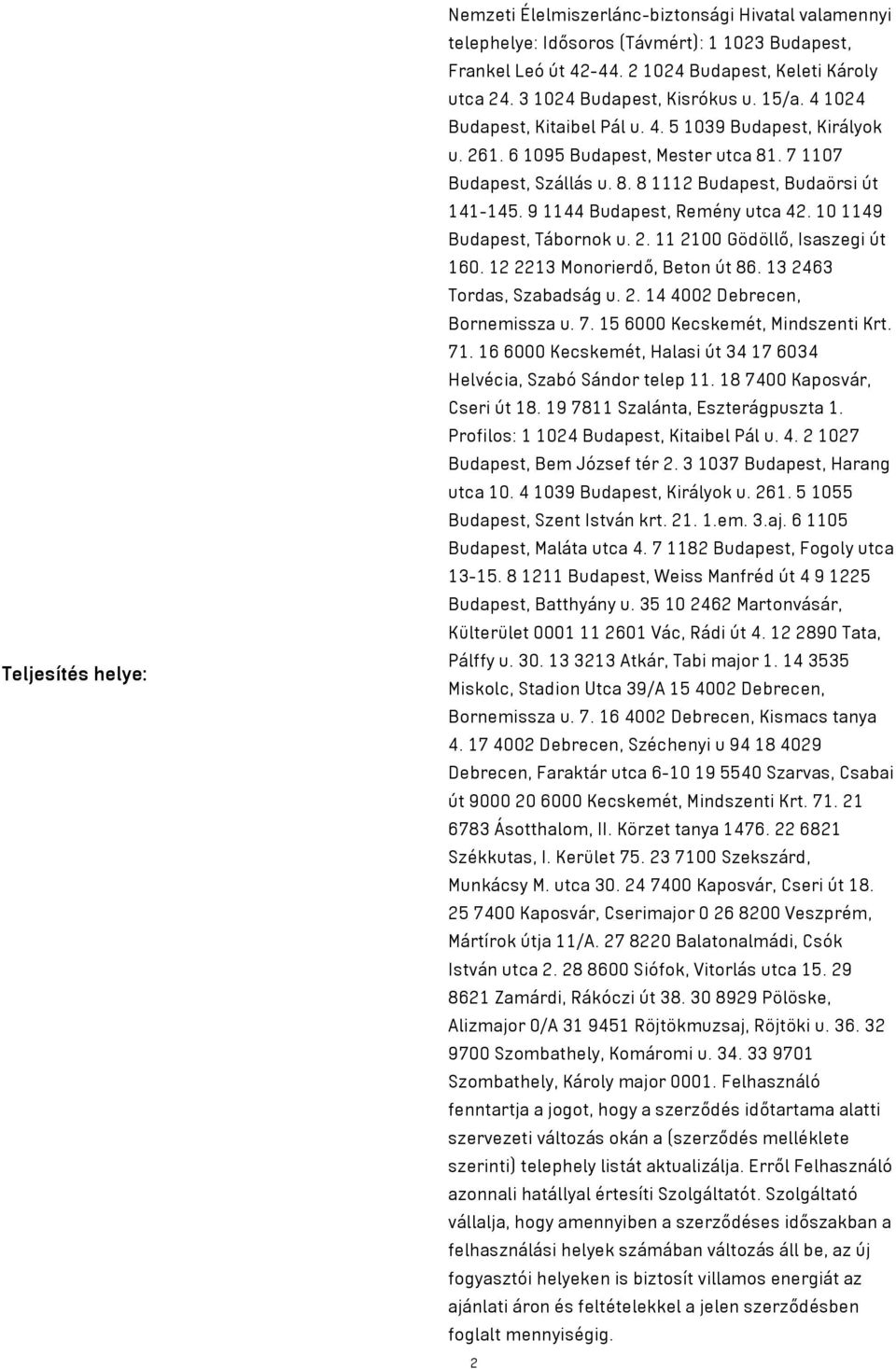 9 1144 Budapest, Remény utca 42. 10 1149 Budapest, Tábornok u. 2. 11 2100 Gödöllő, Isaszegi út 160. 12 2213 Monorierdő, Beton út 86. 13 2463 Tordas, Szabadság u. 2. 14 4002 Debrecen, Bornemissza u. 7.