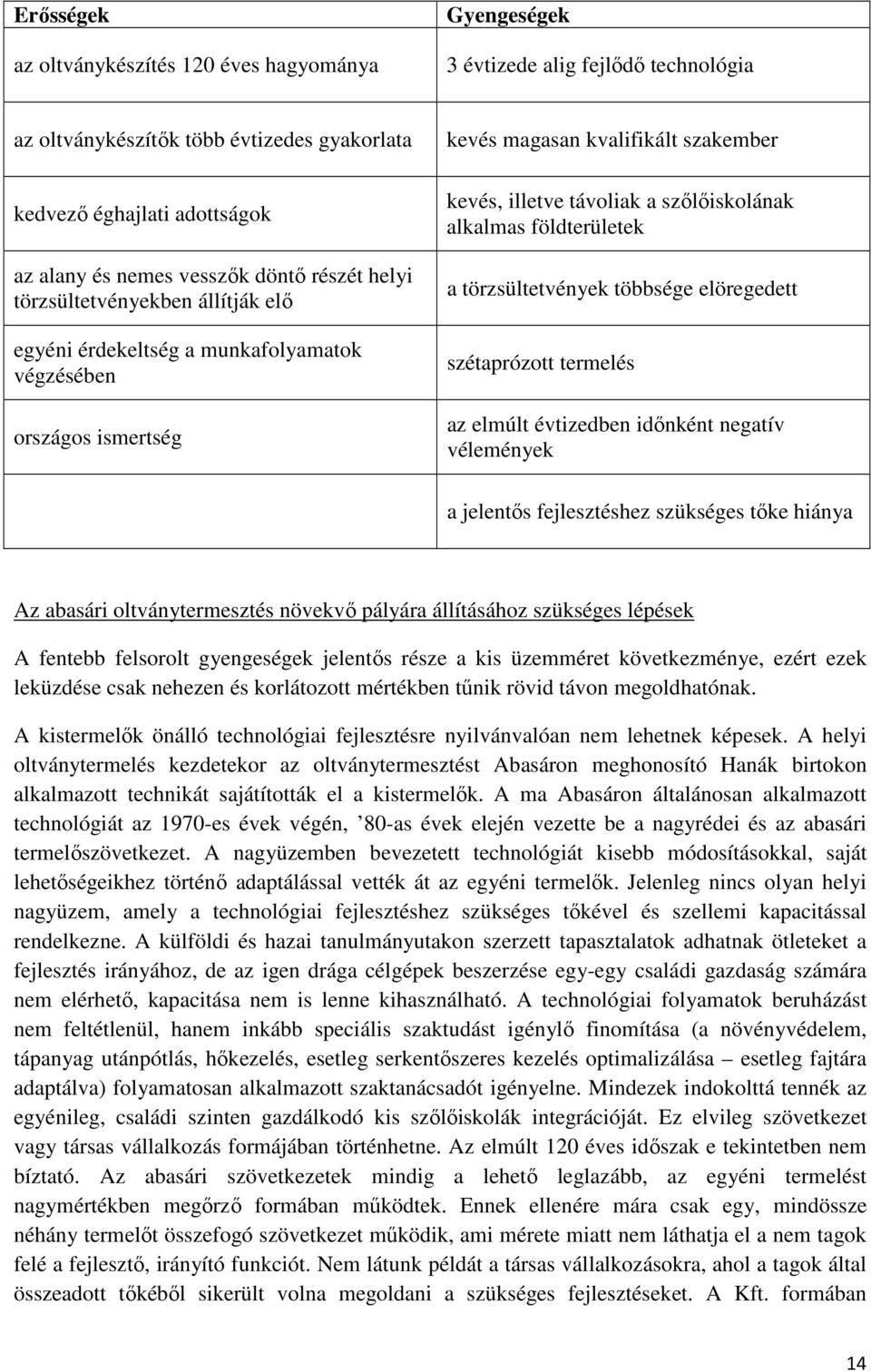 alkalmas földterületek a törzsültetvények többsége elöregedett szétaprózott termelés az elmúlt évtizedben időnként negatív vélemények a jelentős fejlesztéshez szükséges tőke hiánya Az abasári